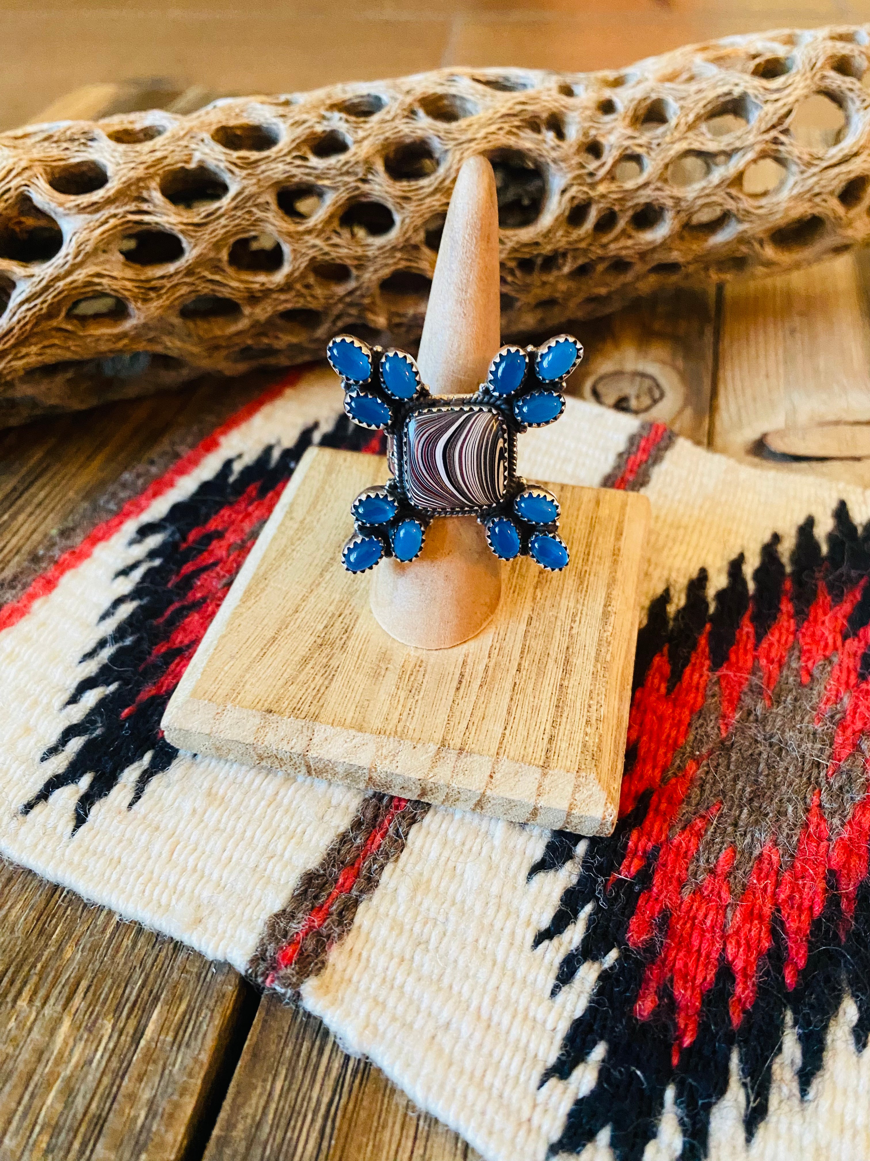 Handmade Sterling Silver, Fordite & Blue Chalcedony Cluster Adjustable Ring