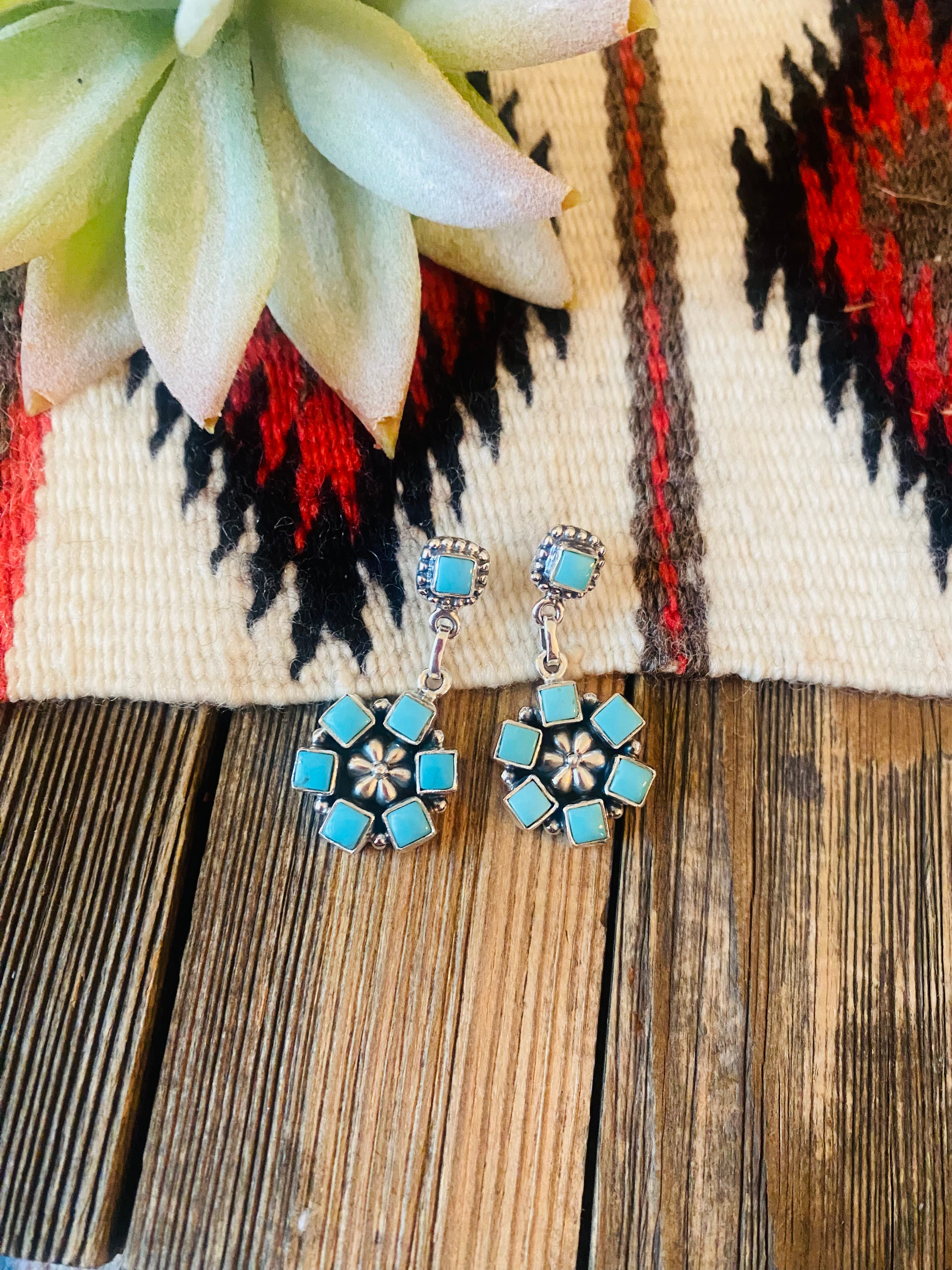 Handmade Turquoise And Sterling Silver Cluster Dangle Earrings