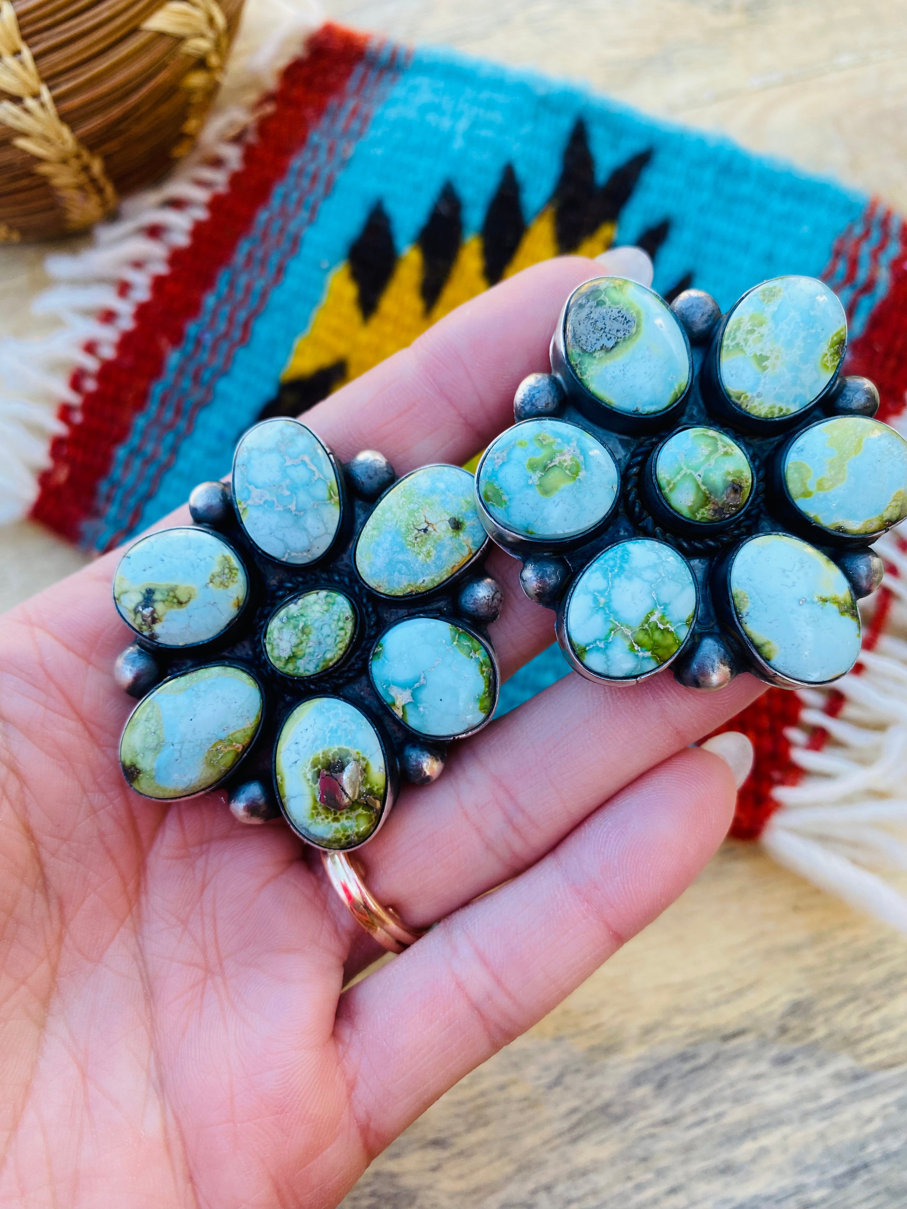 Navajo Sterling Silver & Sonoran Gold Turquoise Cluster Earrings