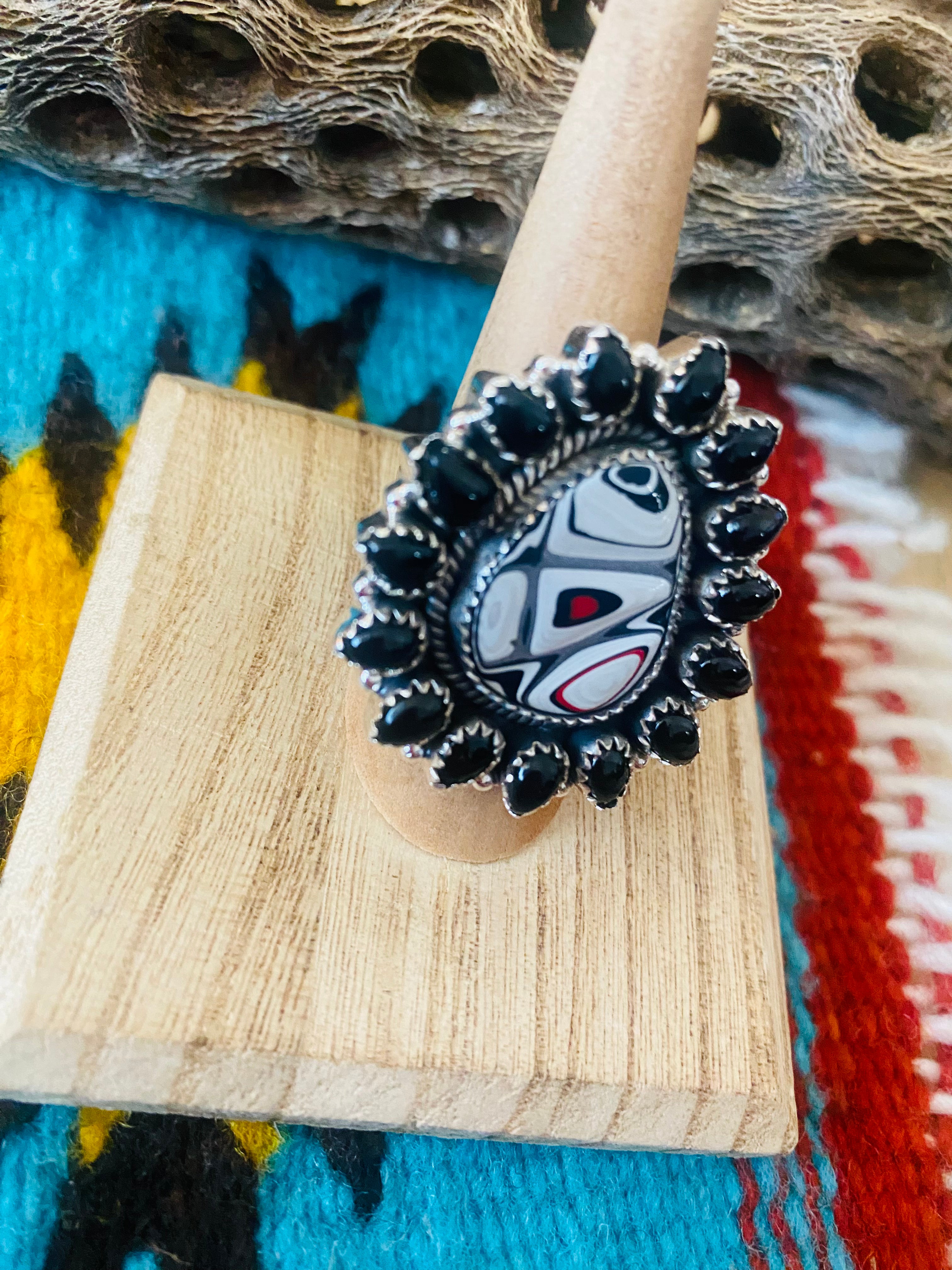 Handmade Sterling Silver, Fordite & Onyx Cluster Adjustable Ring