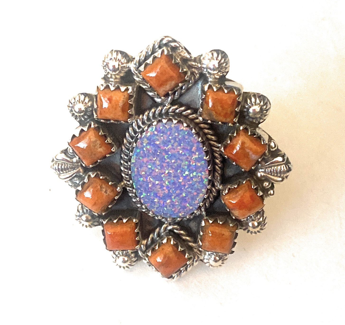 Handmade Sterling Silver, Orange Mojave & Opal Cluster Adjustable Ring