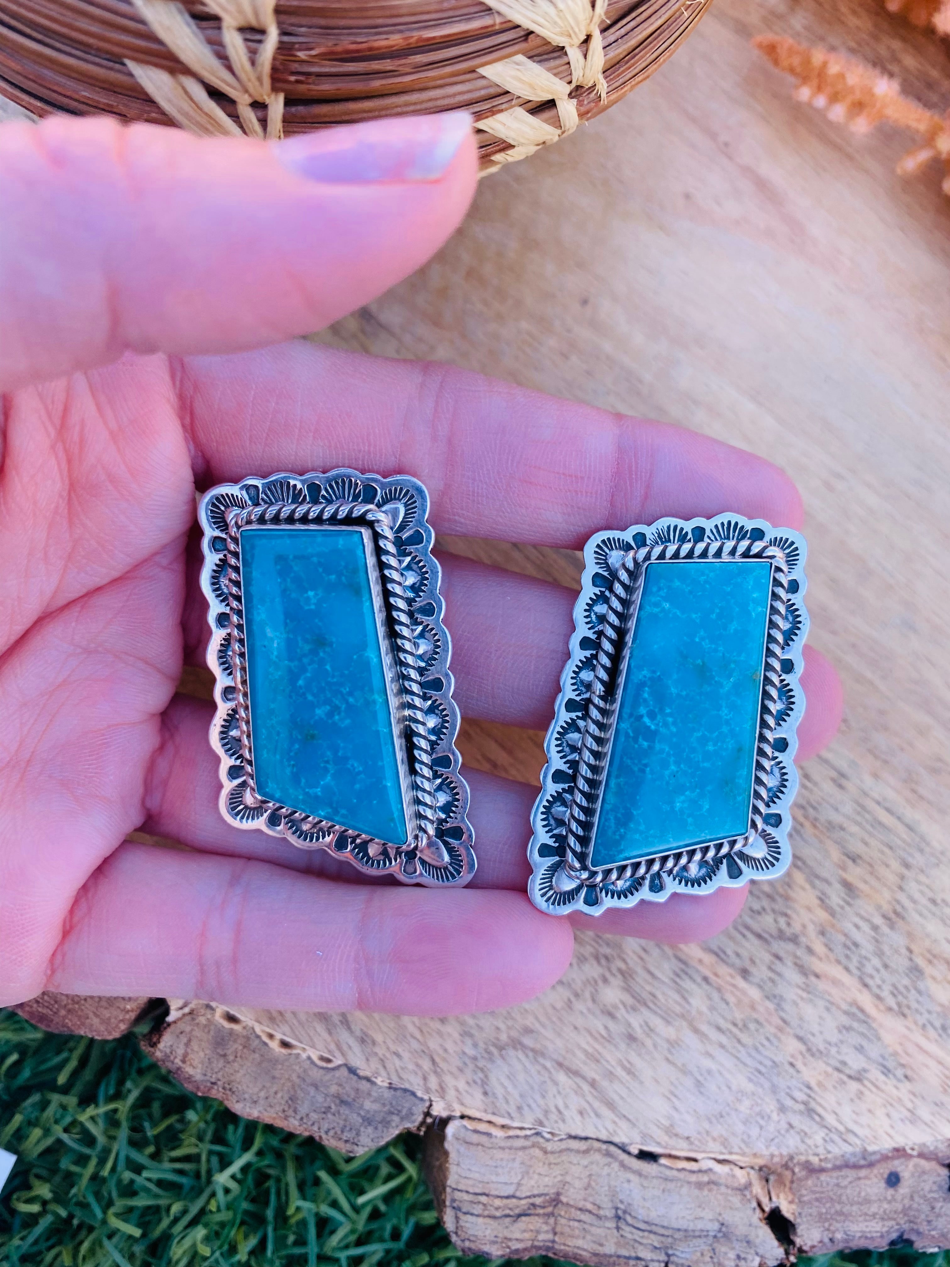 Vintage Navajo Turquoise & Sterling Silver Post Earrings Signed