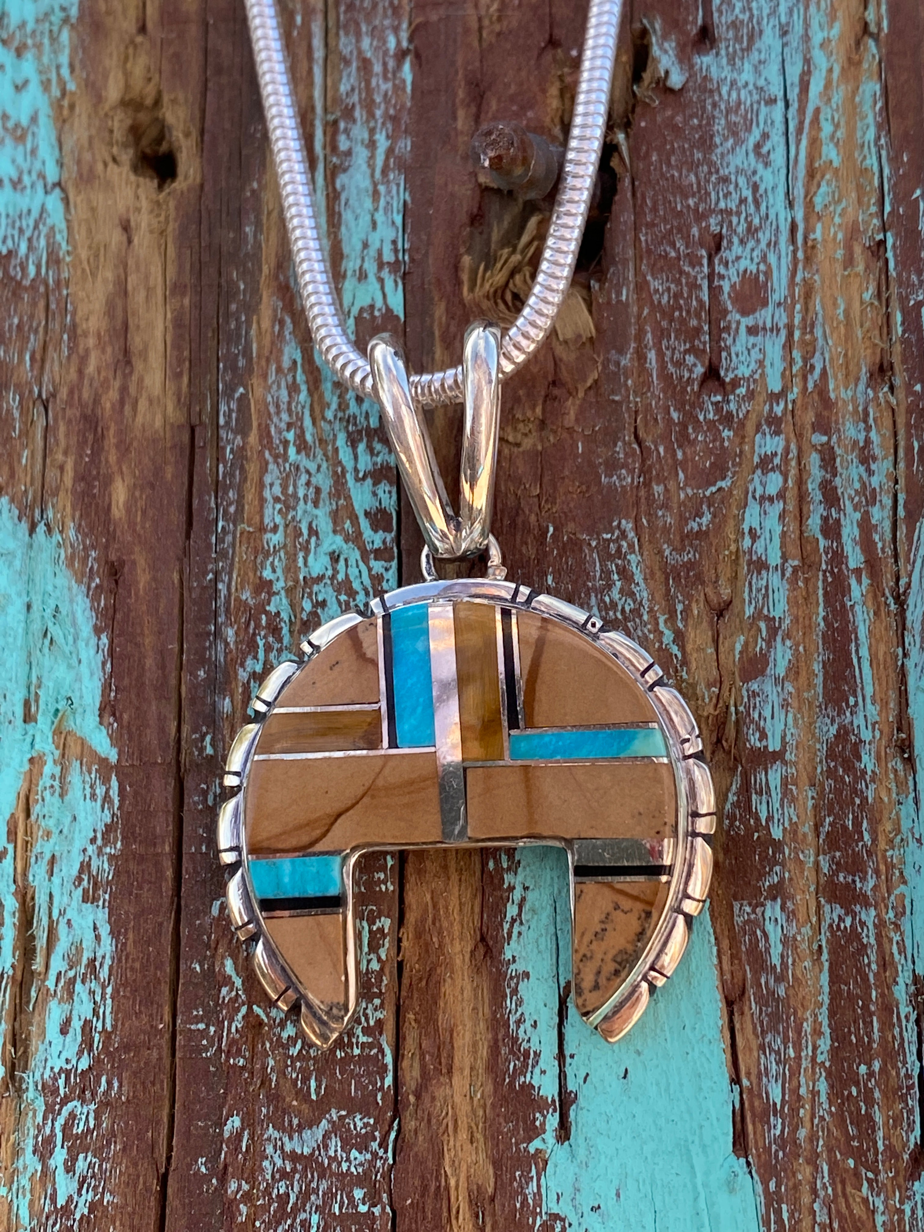 Navajo Turquoise, Onyx, Petrified Wood Naja Pendant