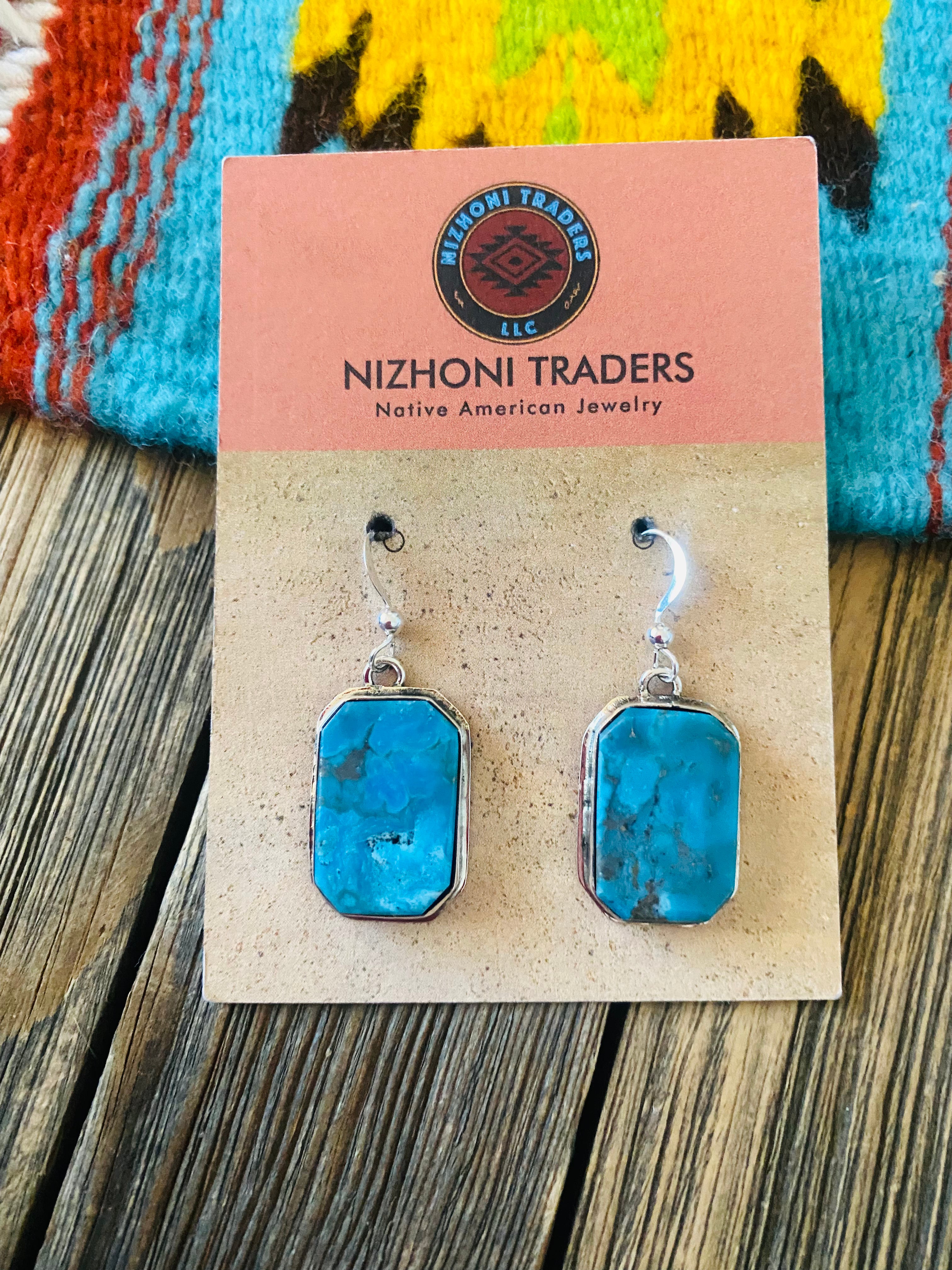 Navajo Kingman Turquoise & Sterling Silver Dangle Earrings Signed