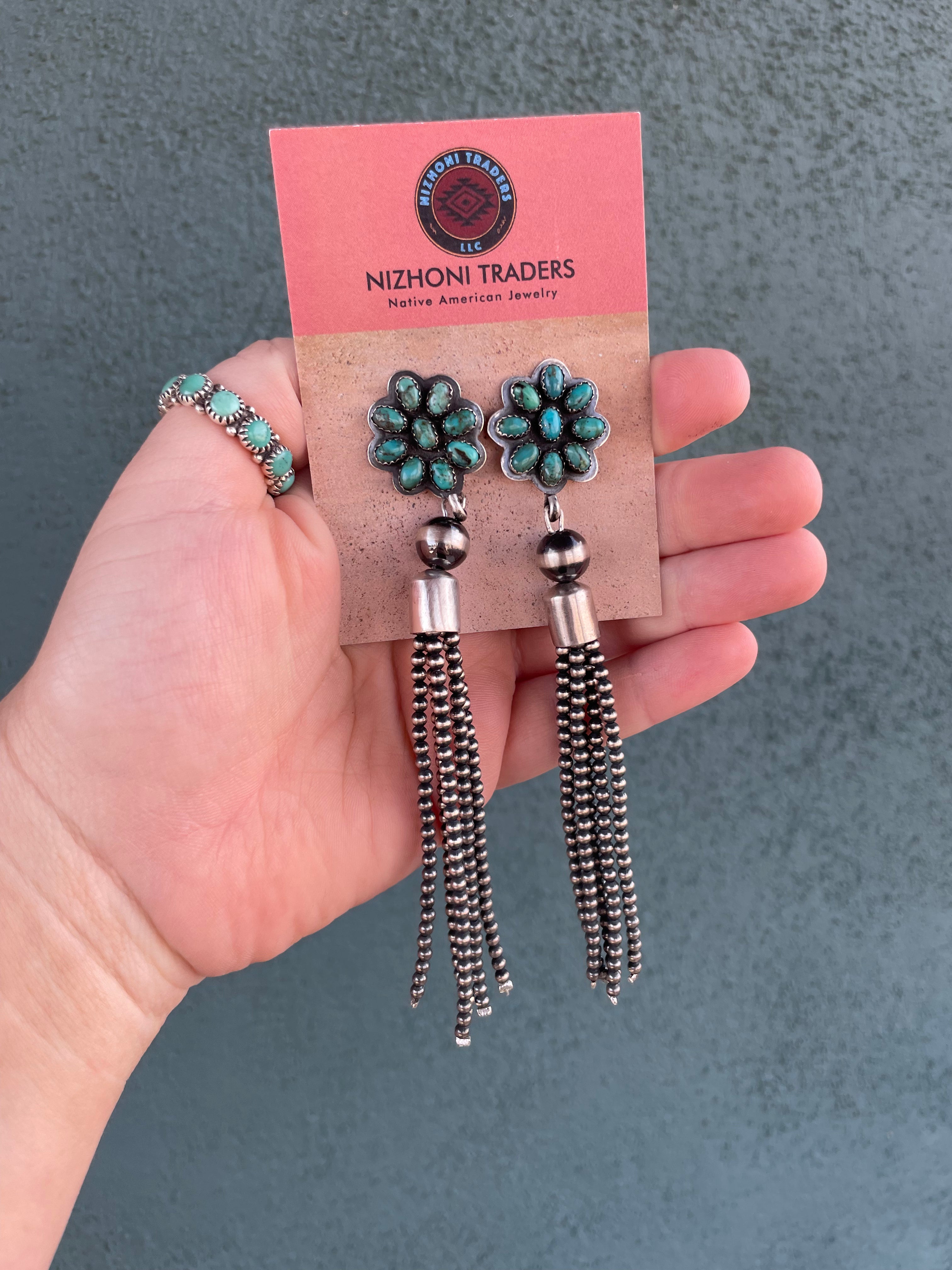 Navajo Sterling Silver Tassel Turquoise Flower Dangle Earrings Signed