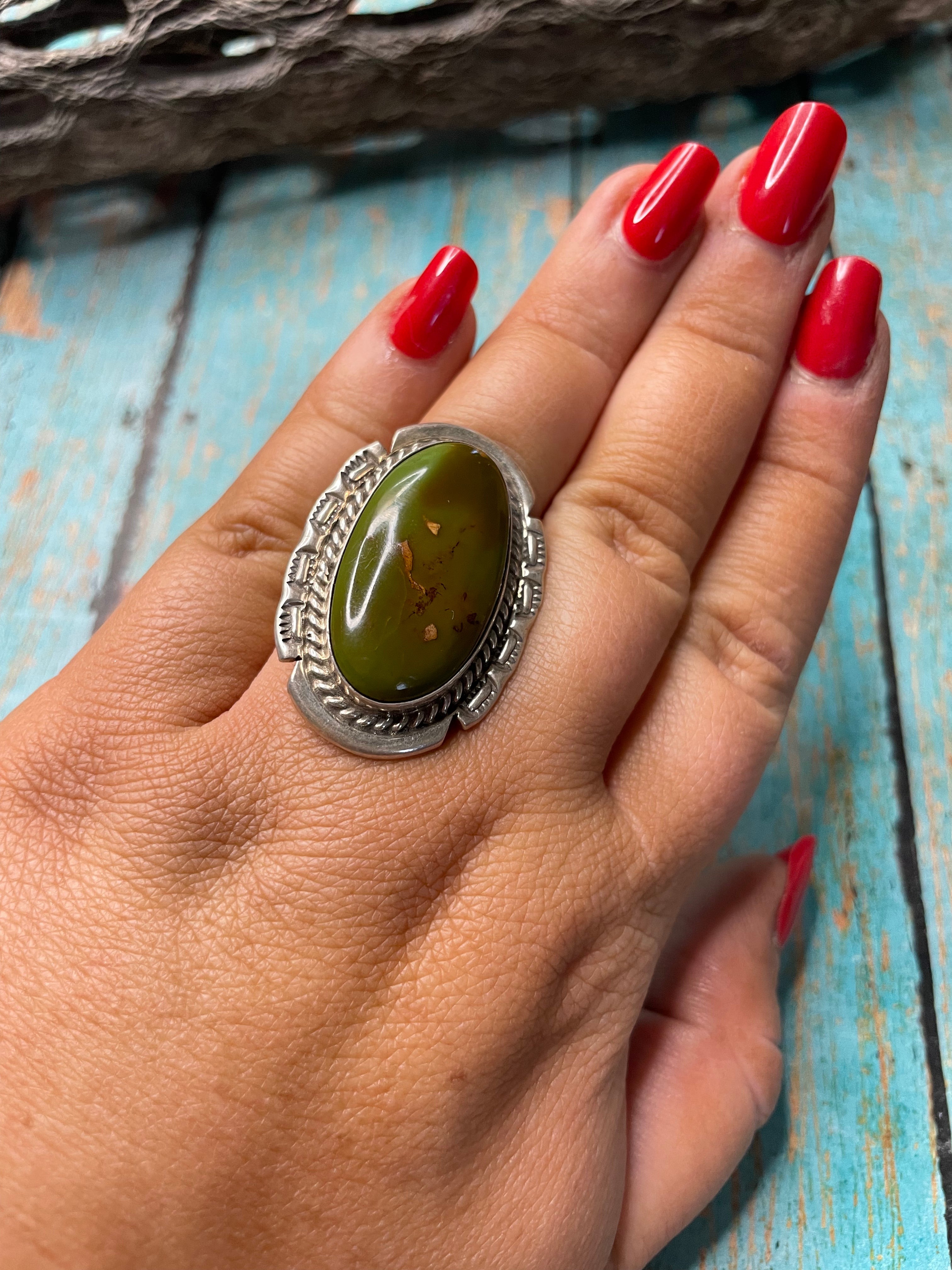 Old Pawn Navajo Sterling Silver & Royston Turquoise Ring Size 9