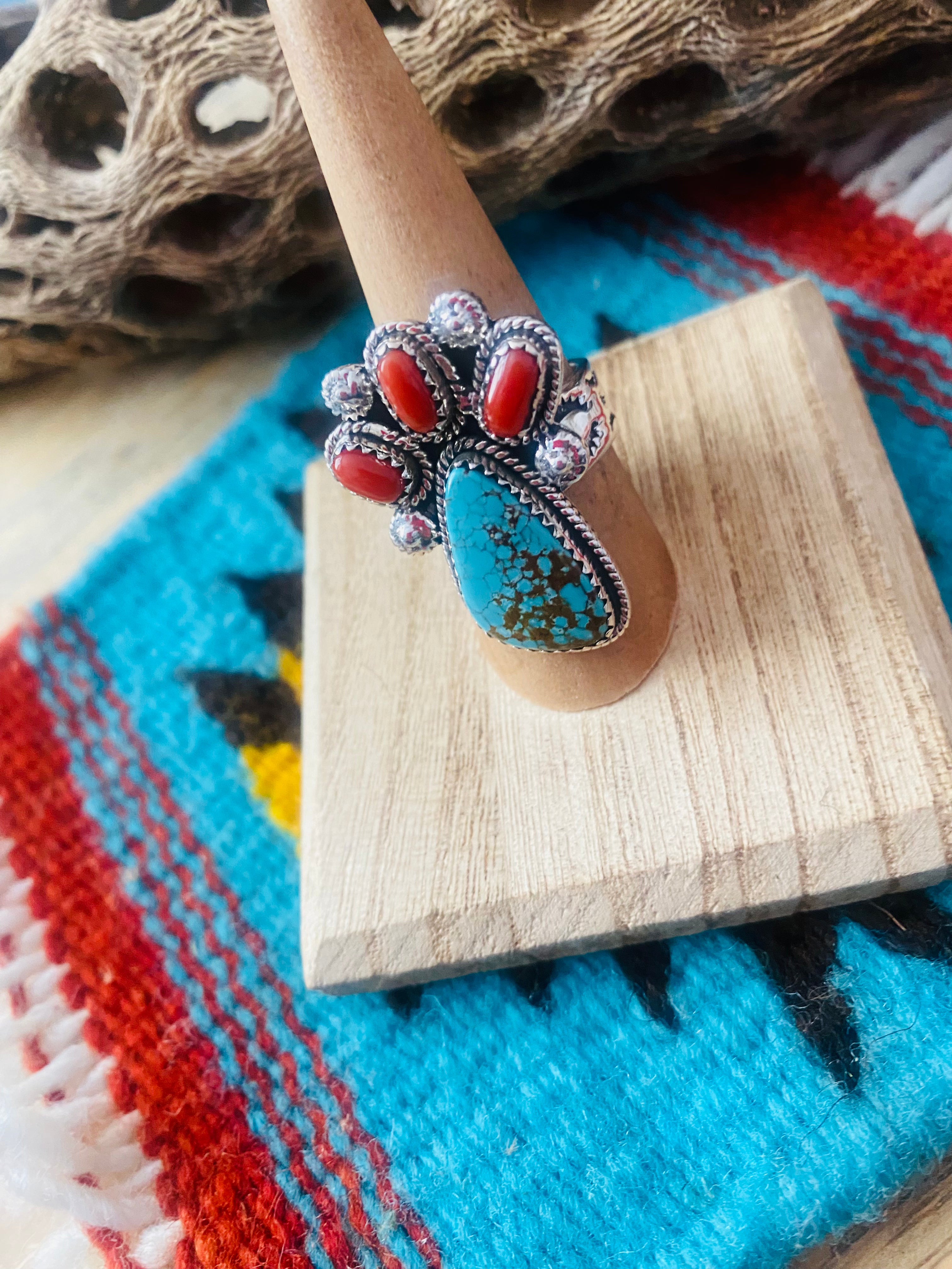 Handmade Sterling Silver, Coral & Number 8 Turquoise Adjustable Ring