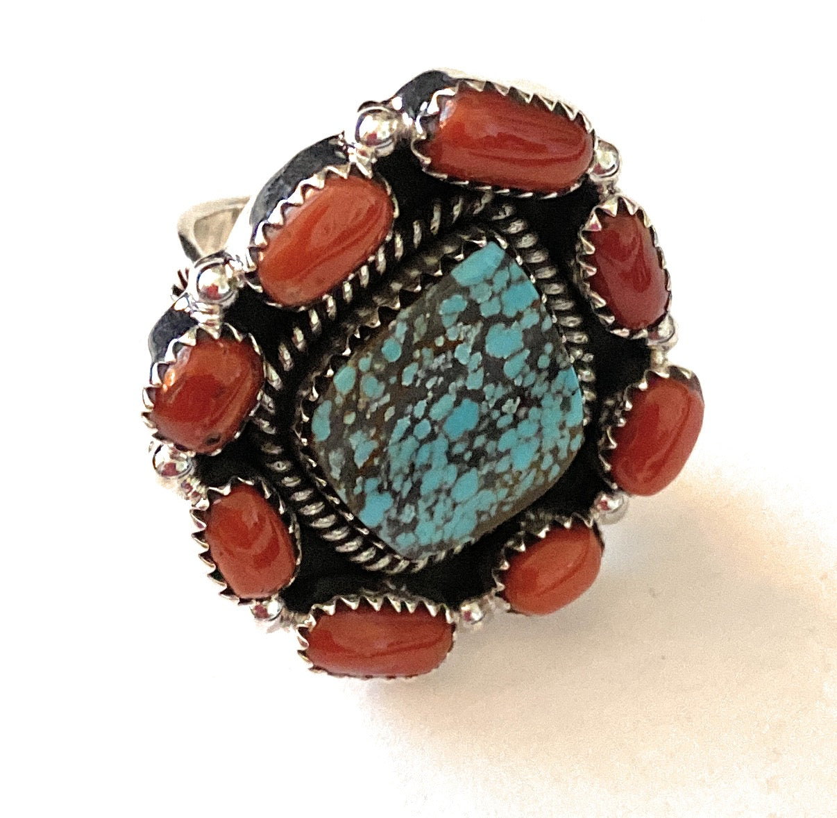 Handmade Sterling Silver, Coral & Number 8 Turquoise Cluster Adjustable Ring