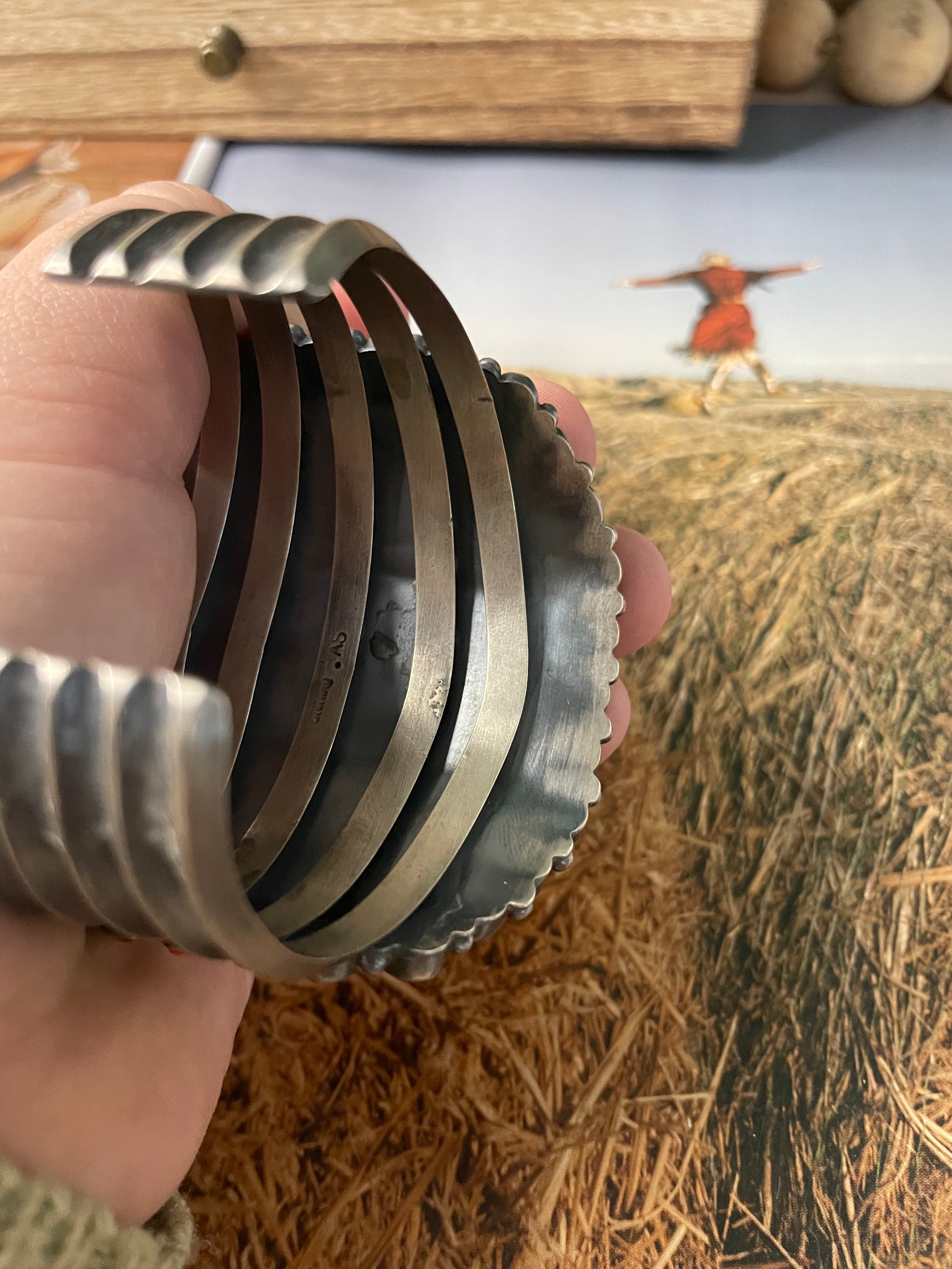 Anthony Skeets Navajo Natural Spiny Oyster & Sterling Silver Cuff Bracelet Signed