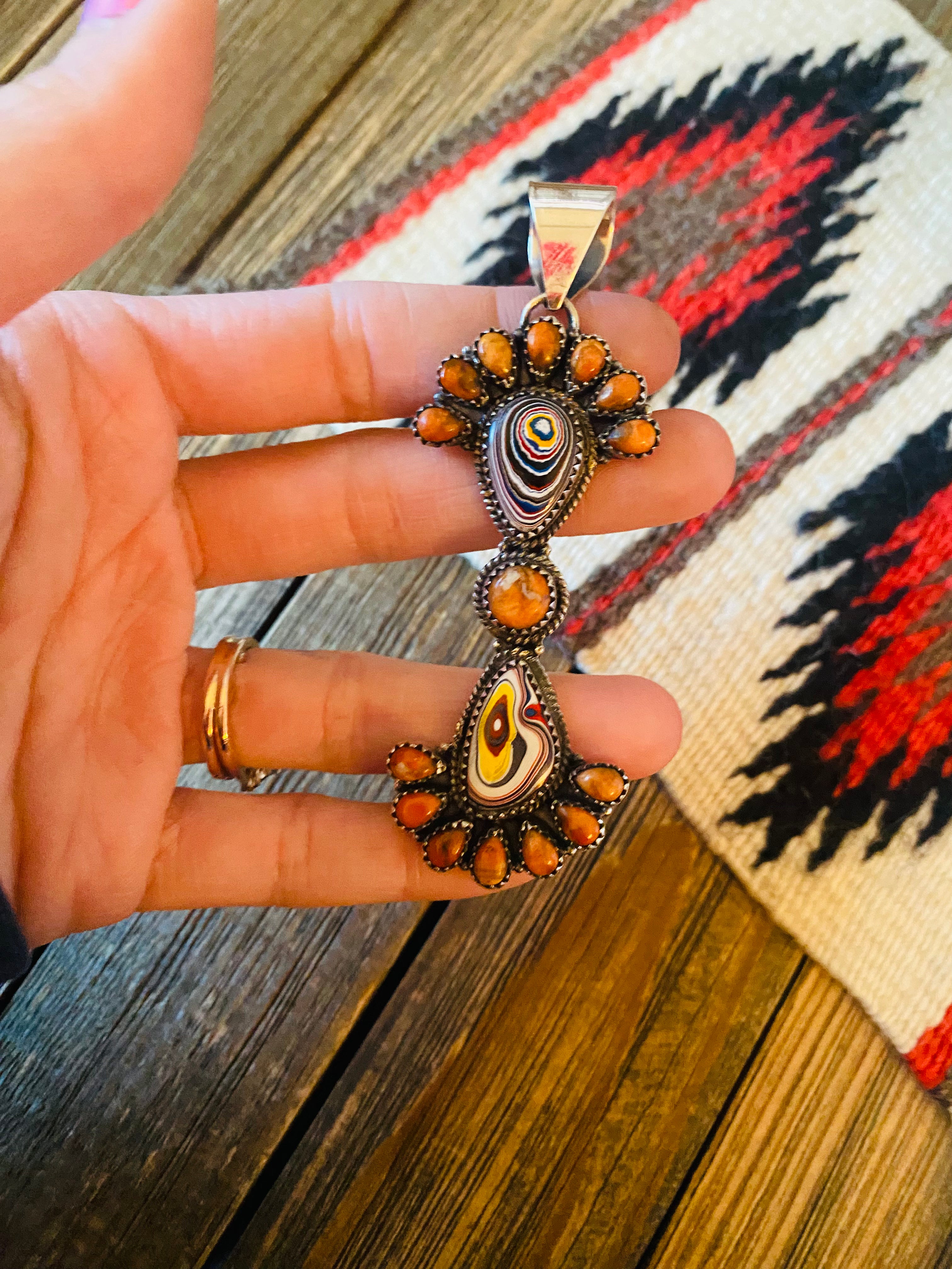 Handmade Sterling Silver, Fordite & Orange Mohave Cluster Pendant