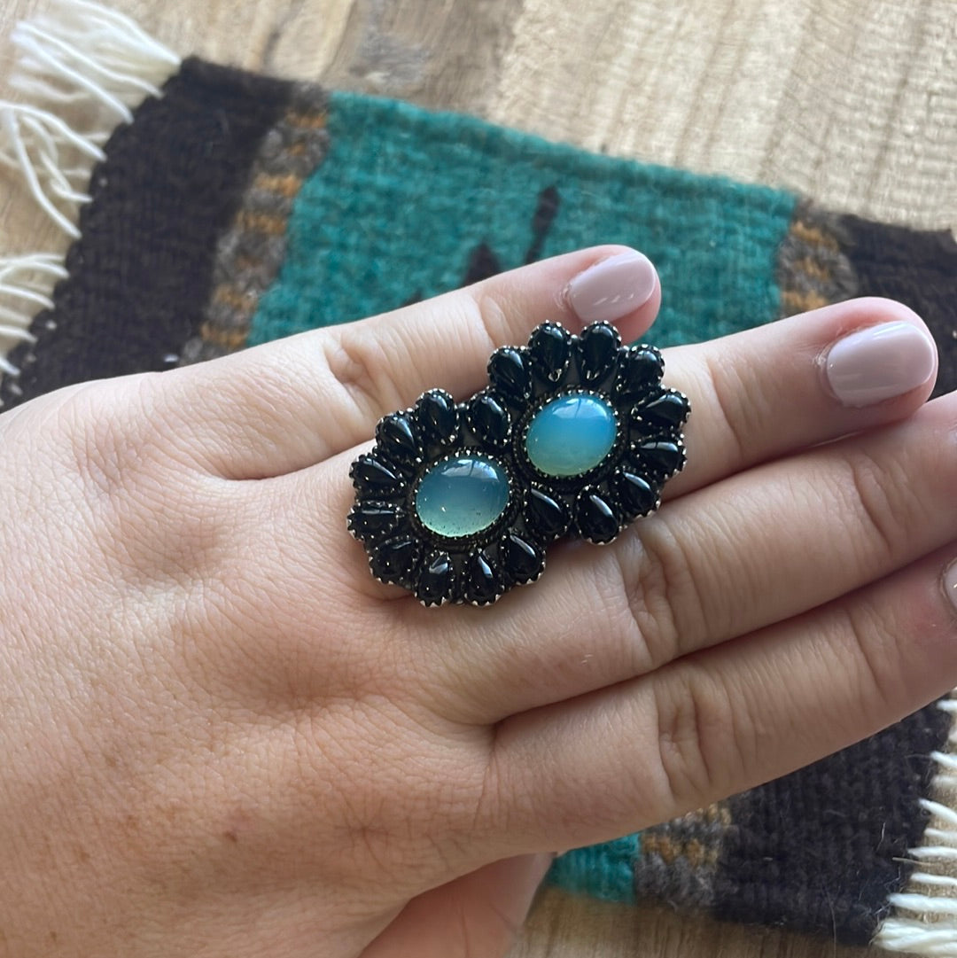 Handmade Sterling Silver, Onyx & Aqua Calcedony Adjustable Ring Signed Nizhoni