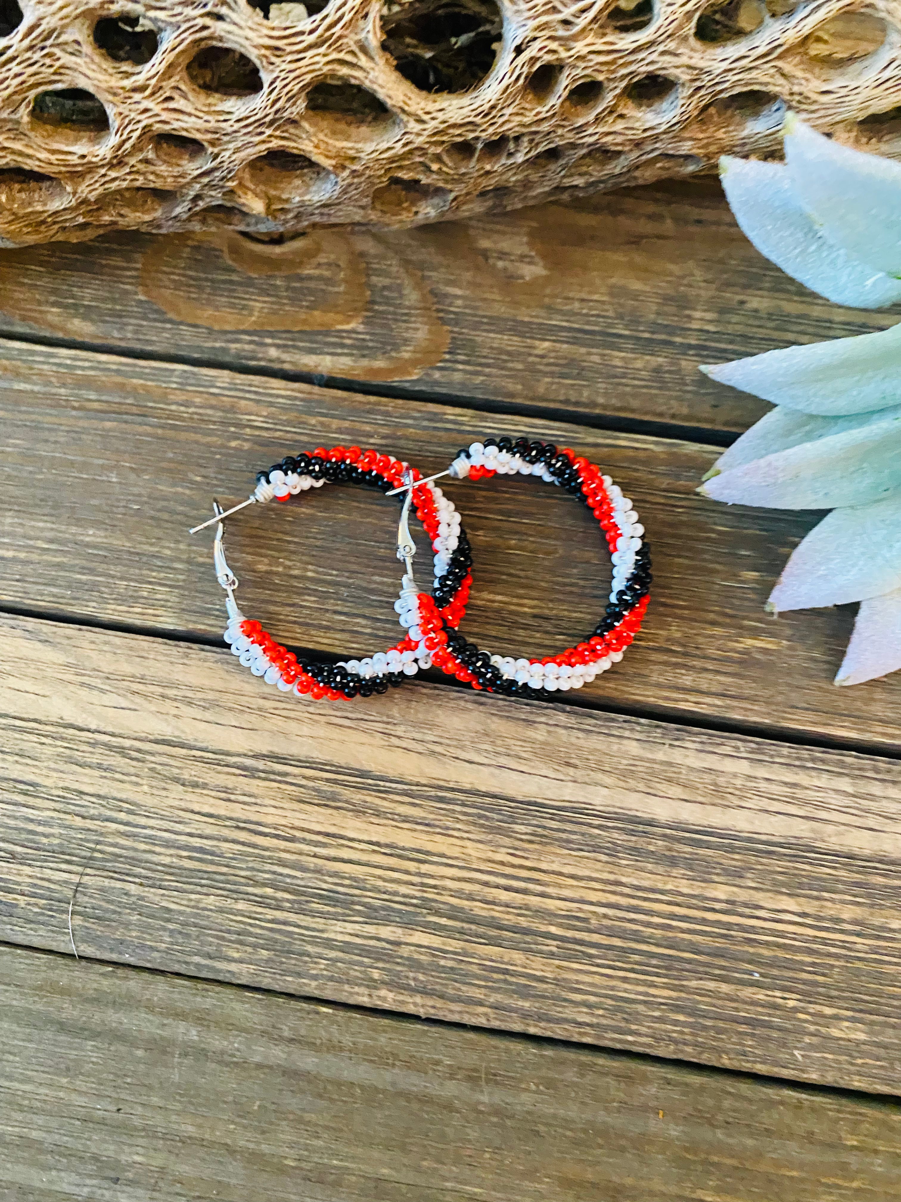 Navajo Handmade Beaded Hoop Earrings- red, black