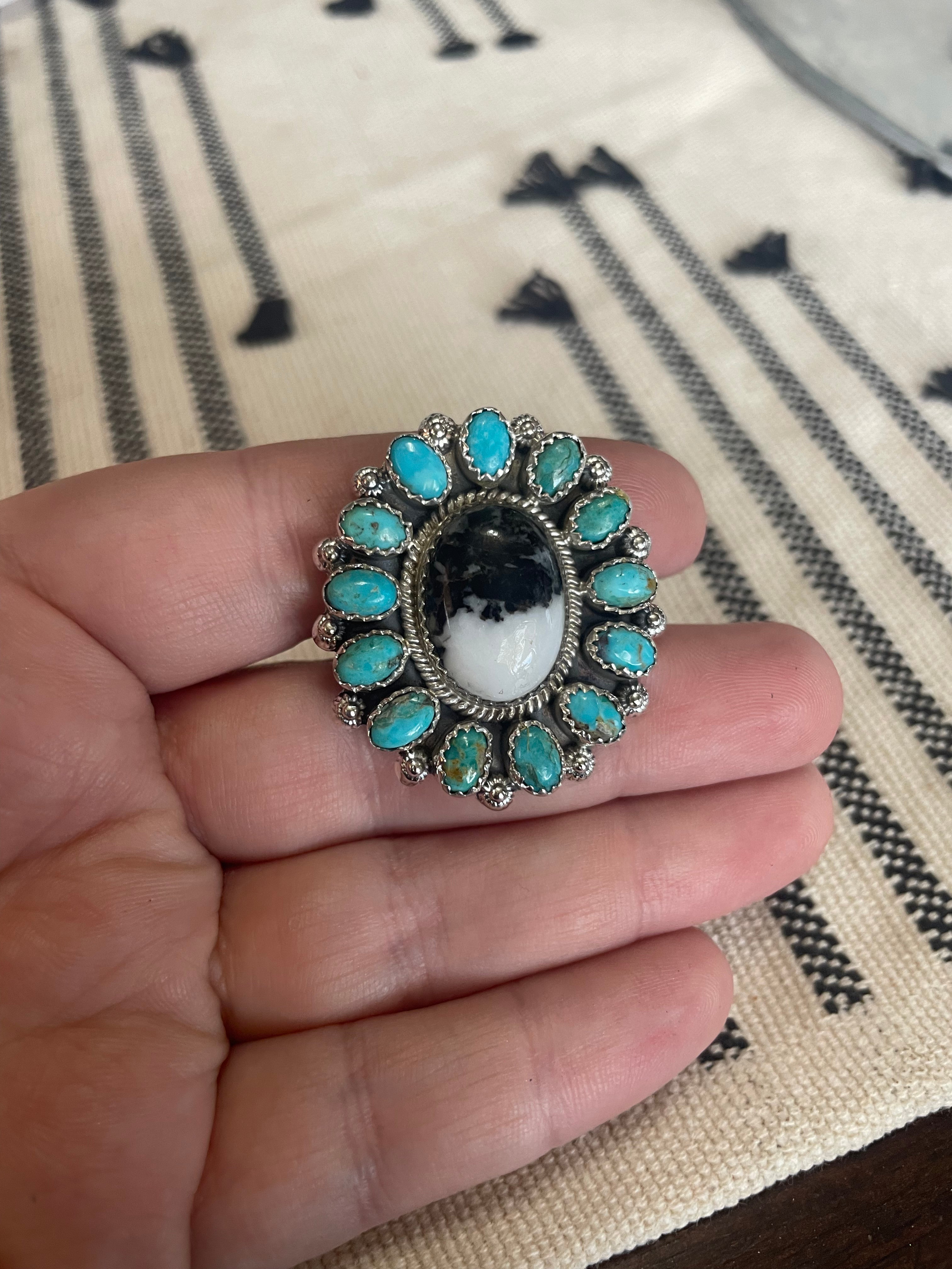 Handmade Sterling Silver, White Buffalo & Turquoise Cluster Adjustable Ring Signed Nizhoni