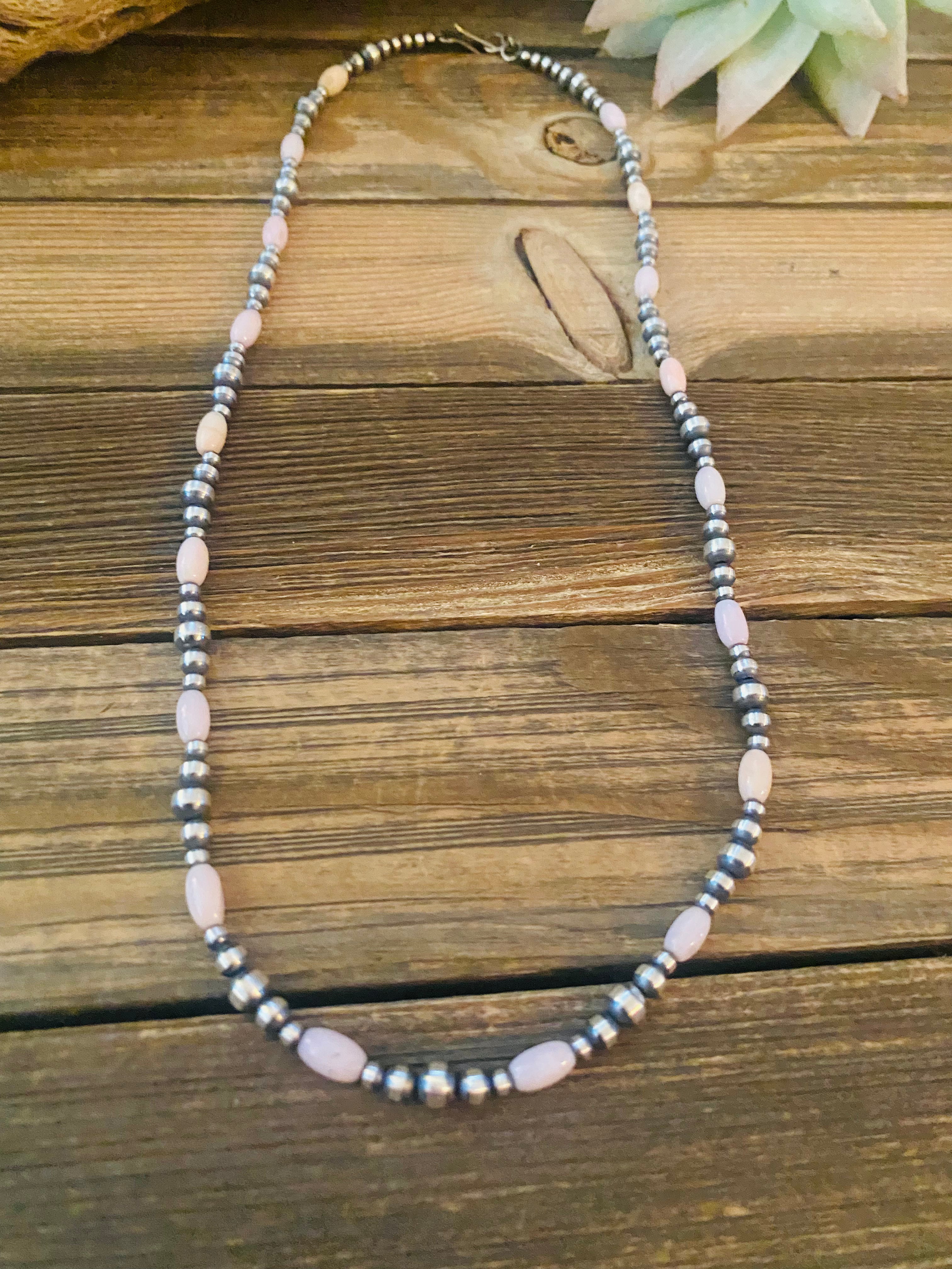 Navajo Sterling Silver Pearl & Pink Opal Beaded Necklace 20 inch