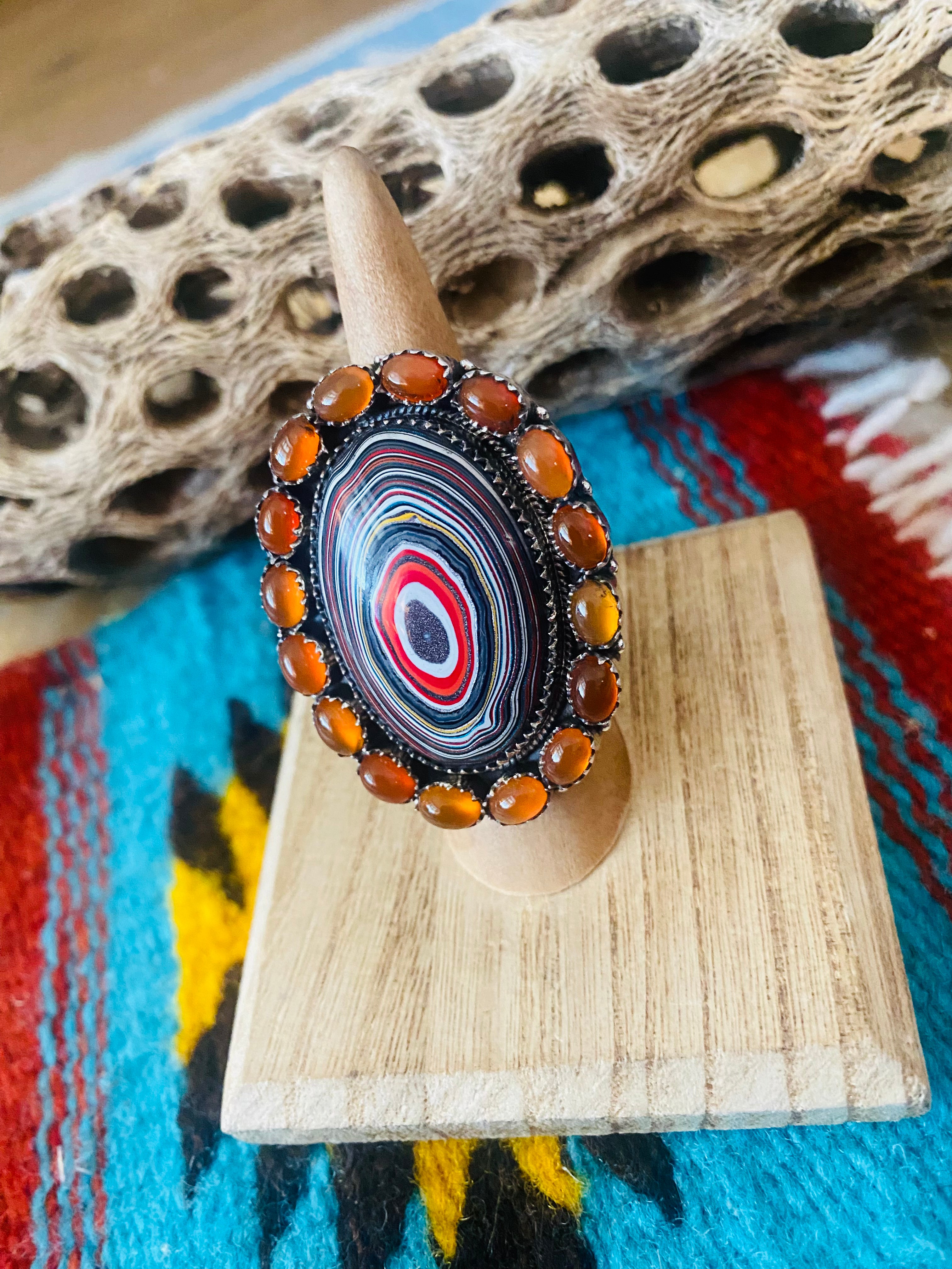 Handmade Sterling Silver, Fordite & Garnet Cluster Adjustable Ring