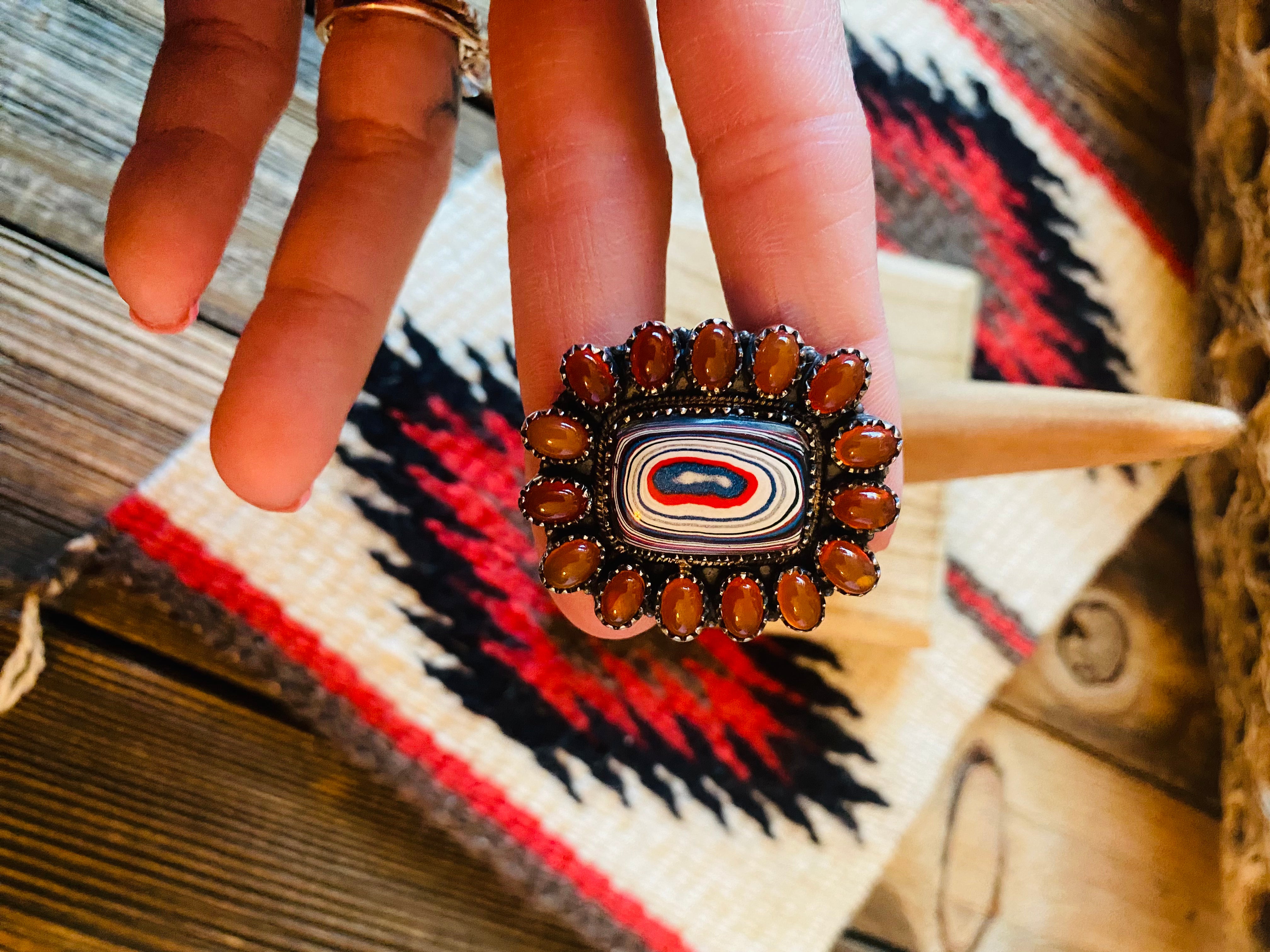 Handmade Sterling Silver, Fordite & Garnet Cluster Adjustable Ring