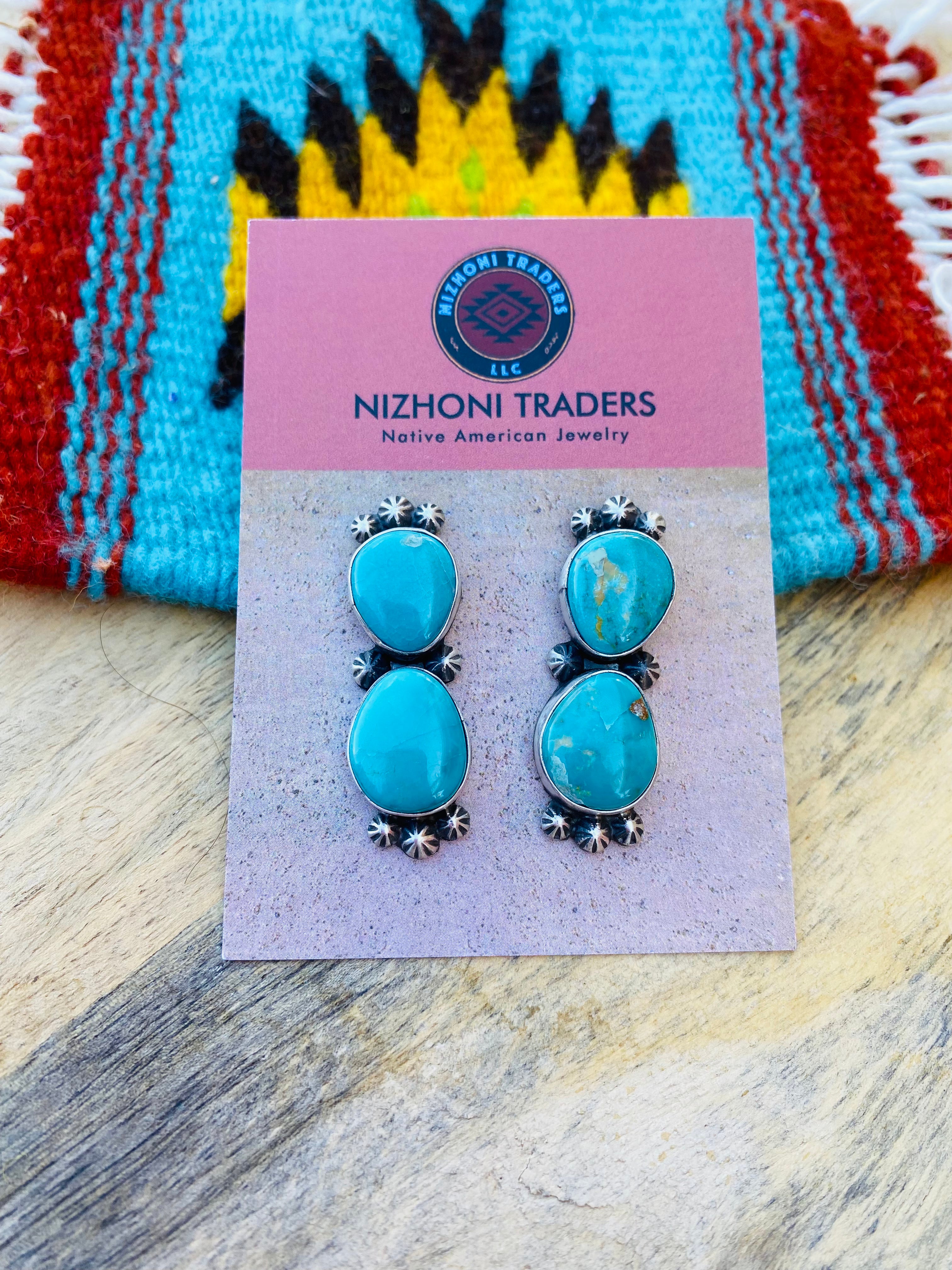 Navajo Sterling Silver & Royston Turquoise Post Earrings Signed