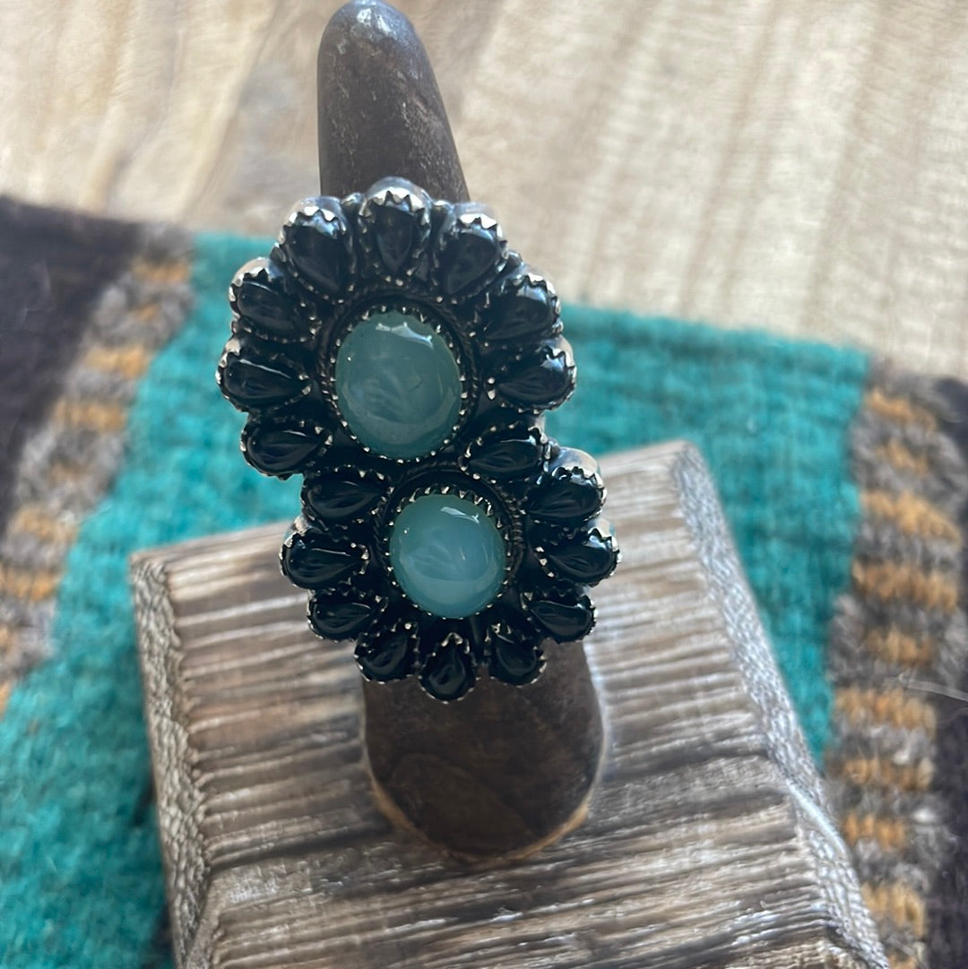 Handmade Sterling Silver, Onyx & Aqua Calcedony Adjustable Ring Signed Nizhoni