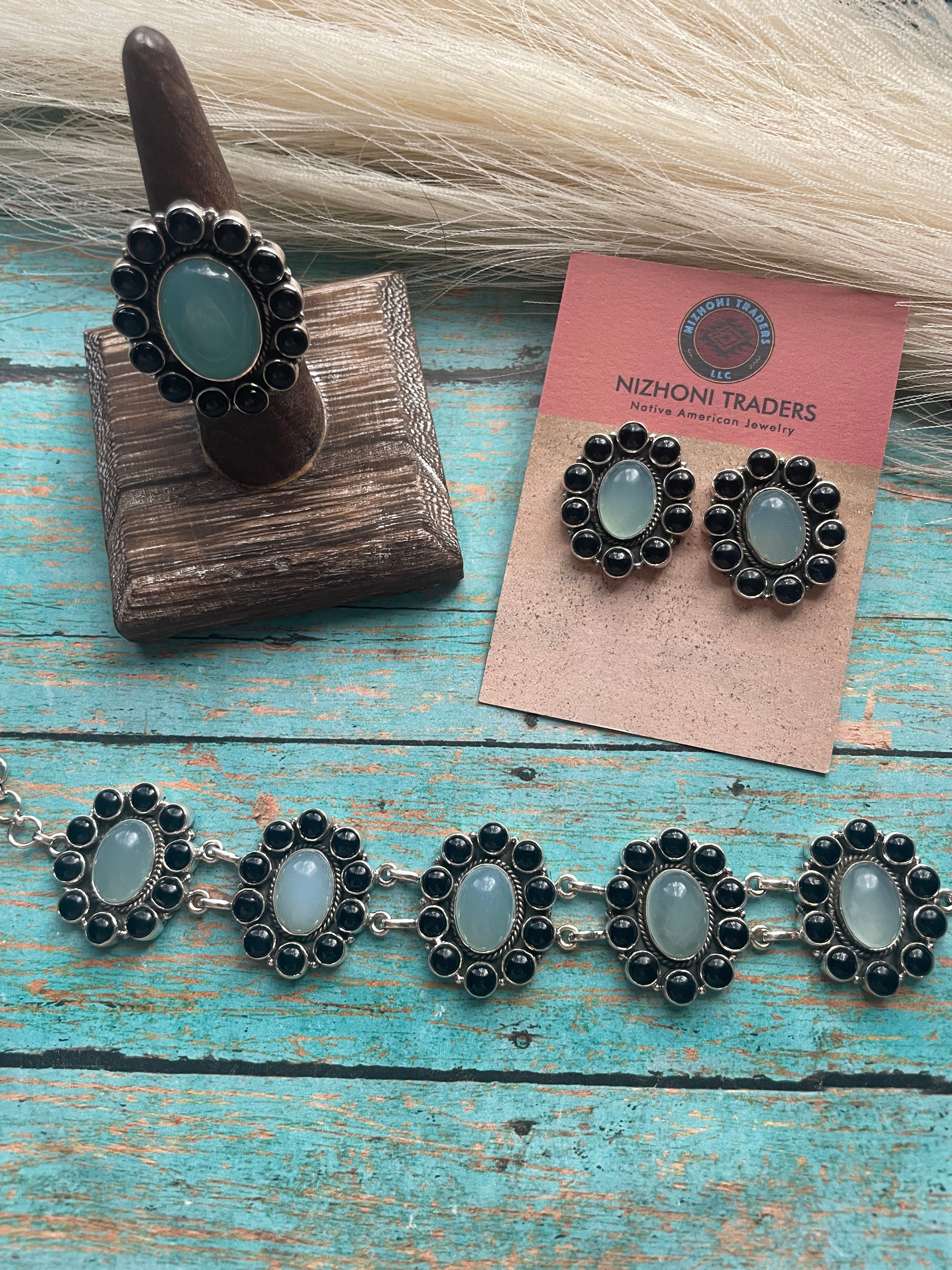 Handmade Onyx & Aqua Calcedony Post Earrings Signed Nizhoni