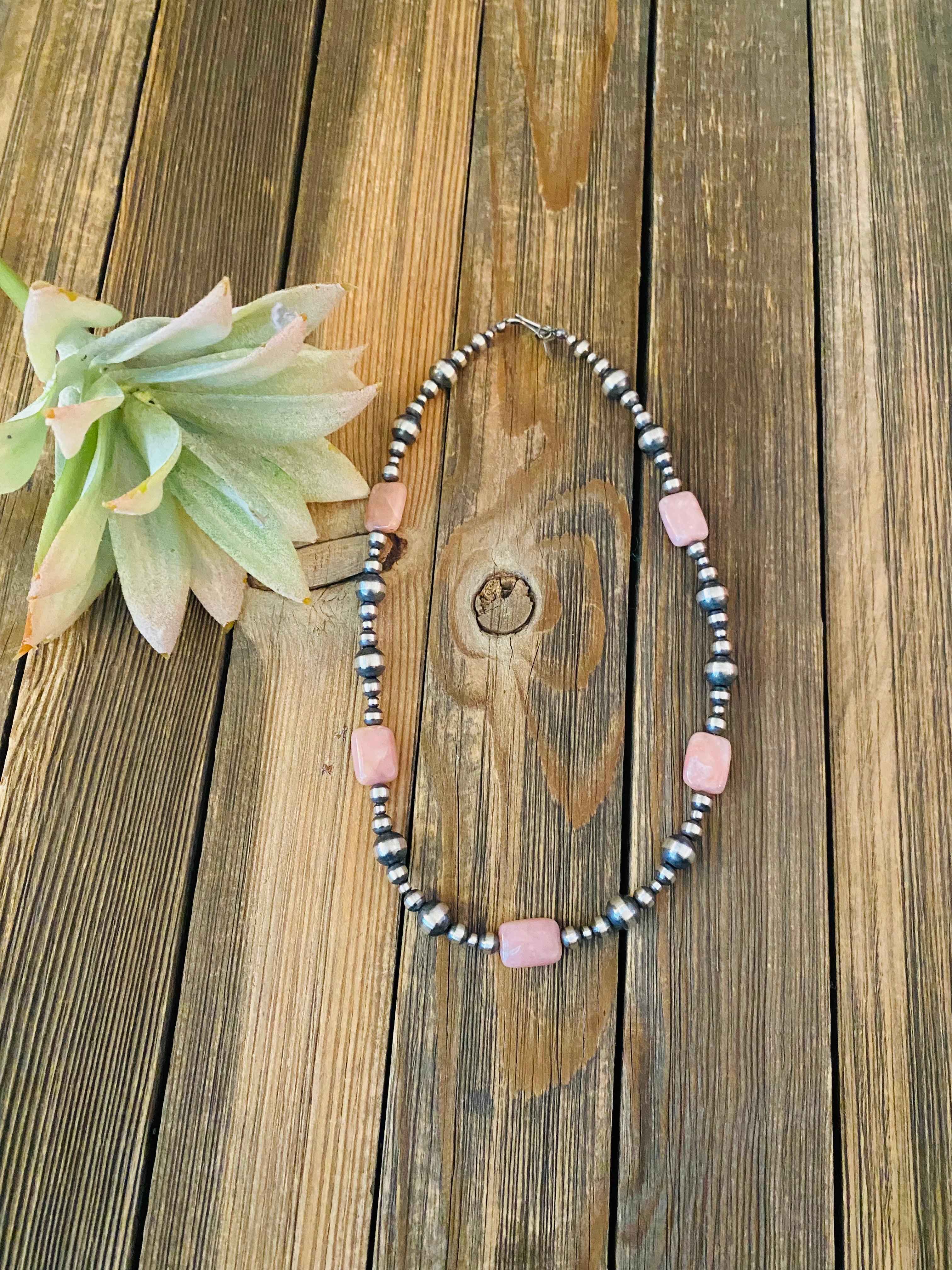 Navajo Sterling Silver Pearl & Pink Opal Beaded Necklace 16 inch