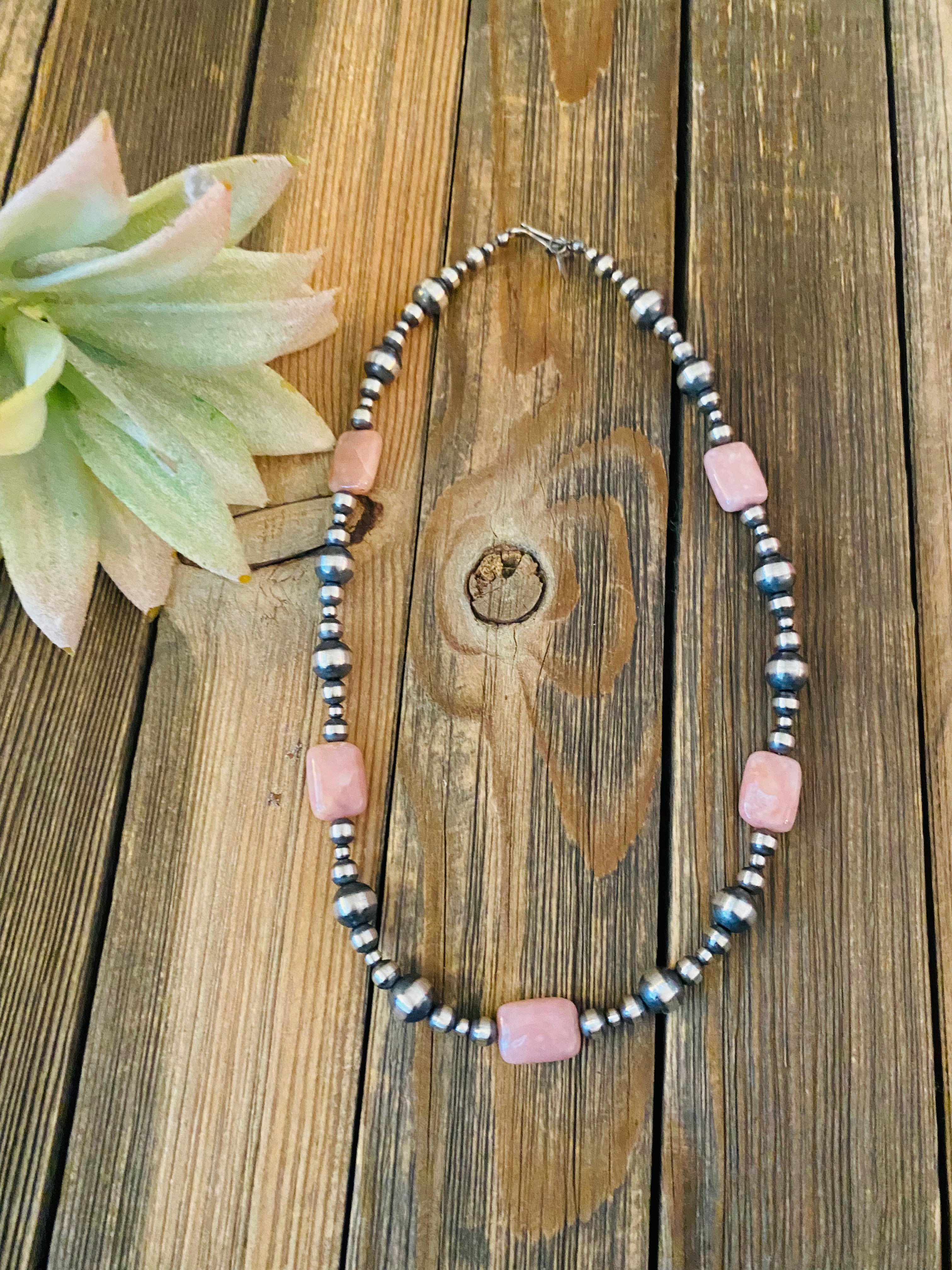 Navajo Sterling Silver Pearl & Pink Opal Beaded Necklace 16 inch