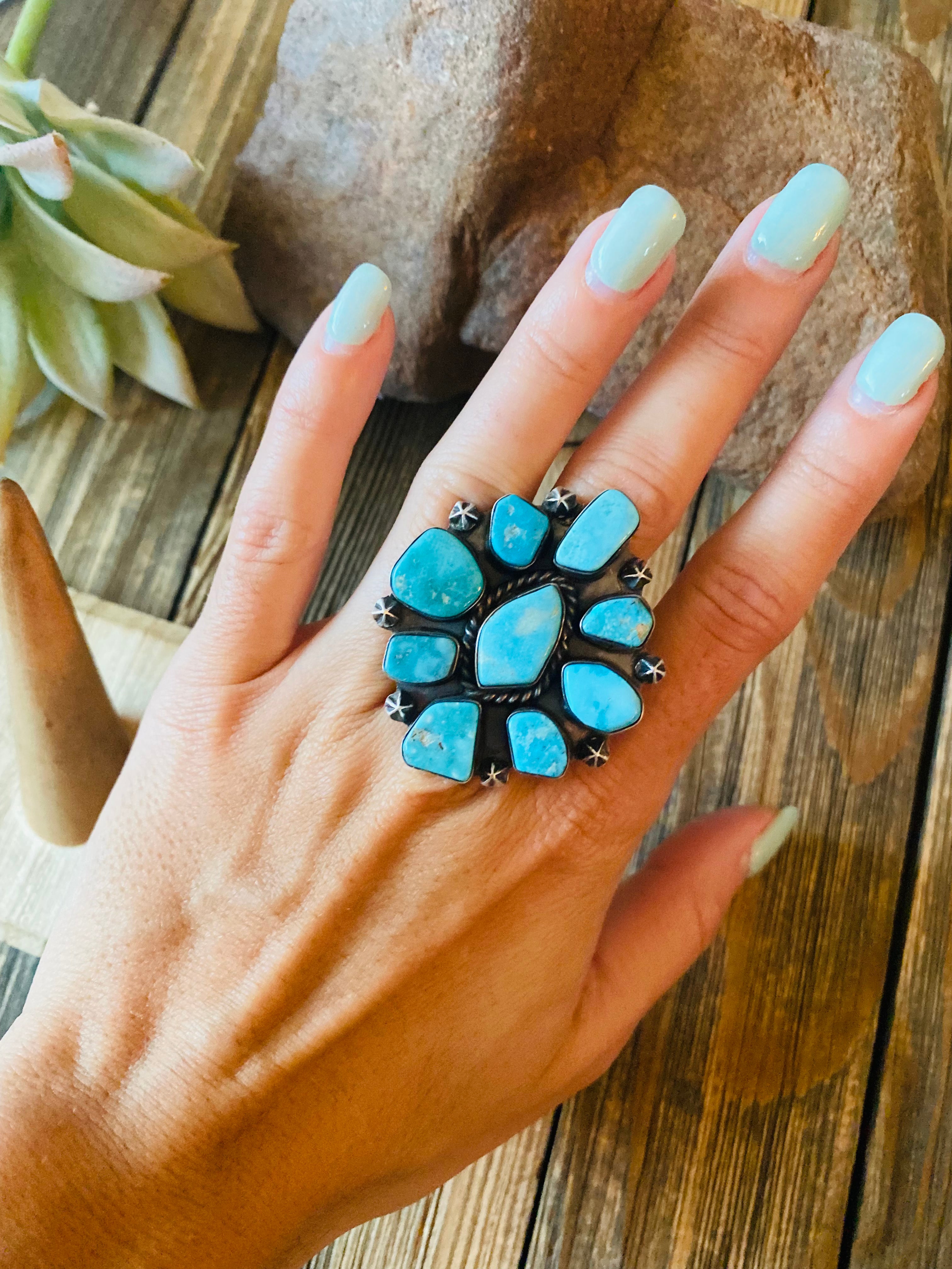 Navajo Kingman Turquoise & Sterling Silver Cluster Ring Size 8.5