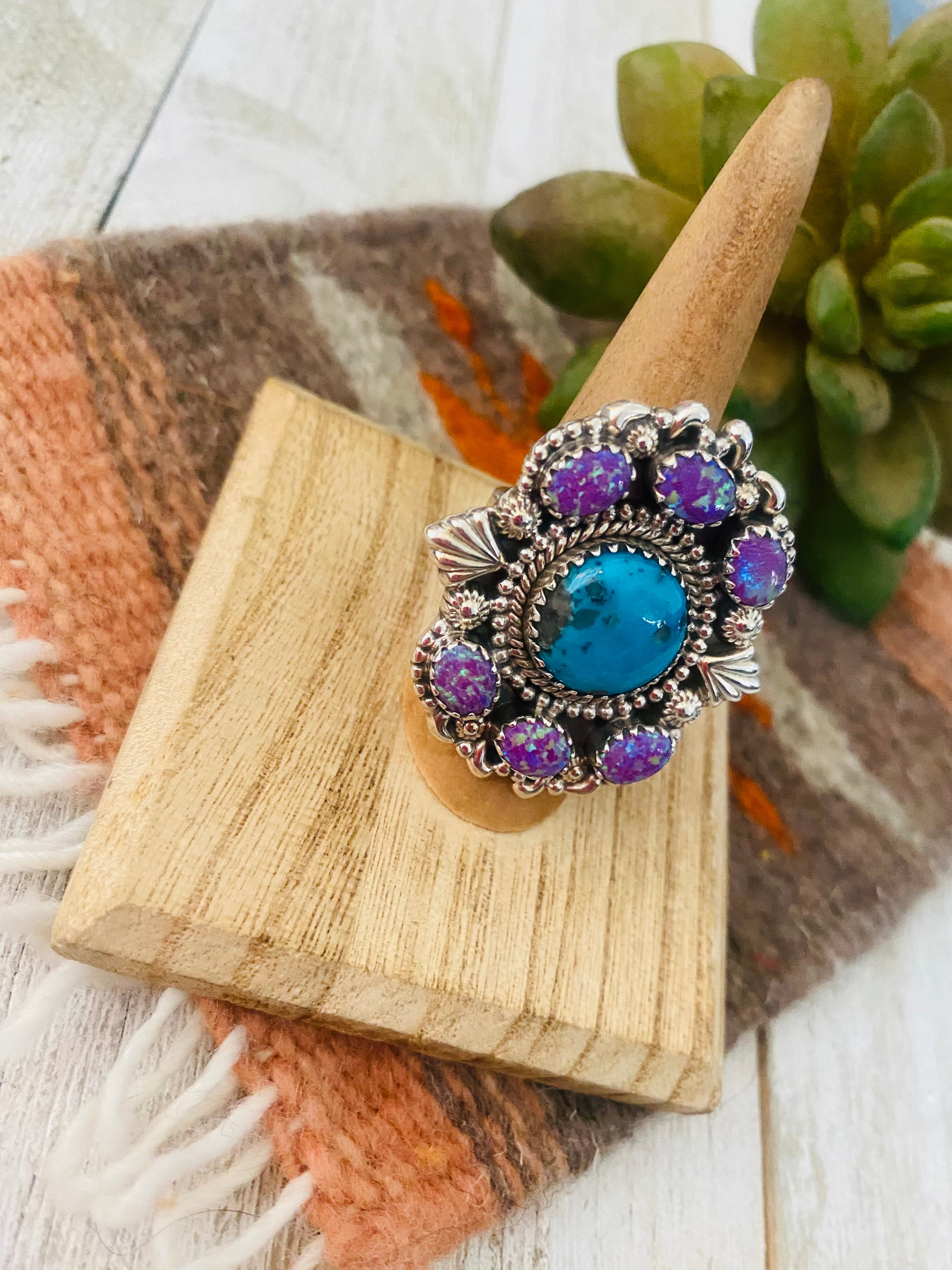 Handmade Sterling Silver, Turquoise & Opal Cluster Adjustable Ring