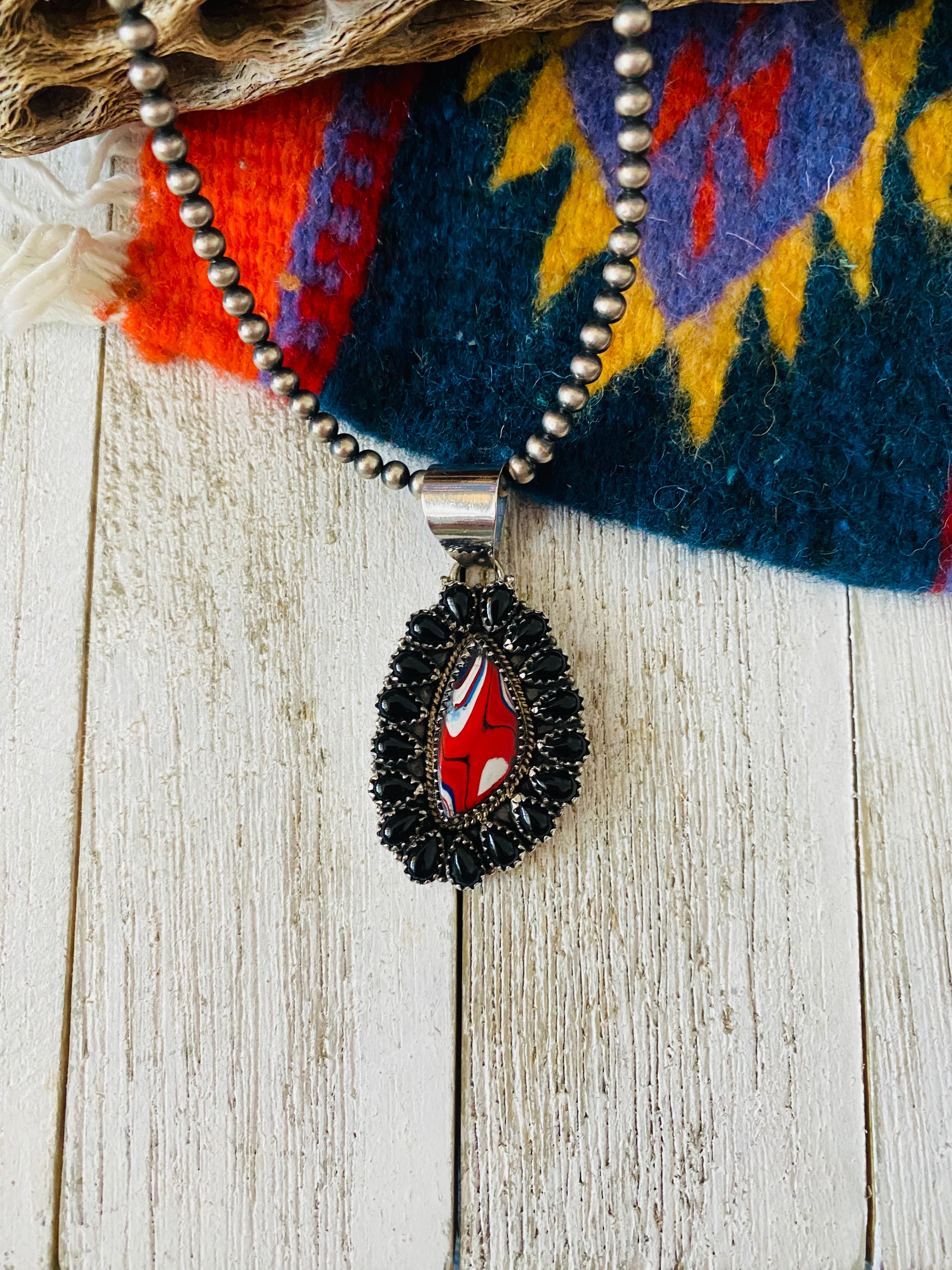 Handmade Sterling Silver, Fordite & Onyx Cluster Pendant