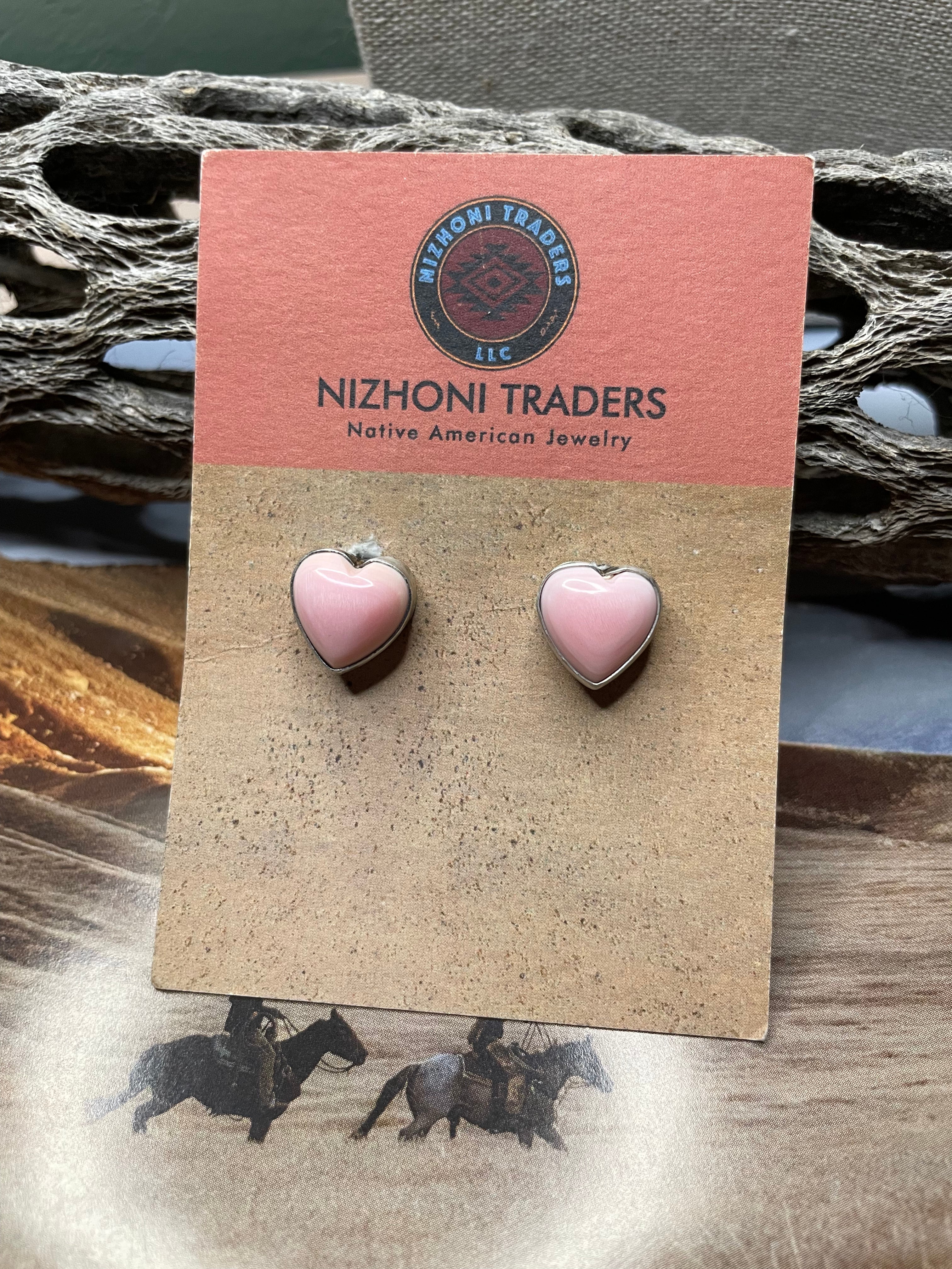 Navajo Sterling Silver Pink Conch Heart Stud Earrings