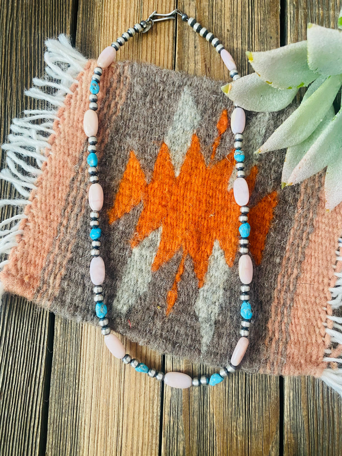 Handcrafted Sterling Silver Pearl, Turquoise & Queen Pink Conch Beaded Necklace 18”