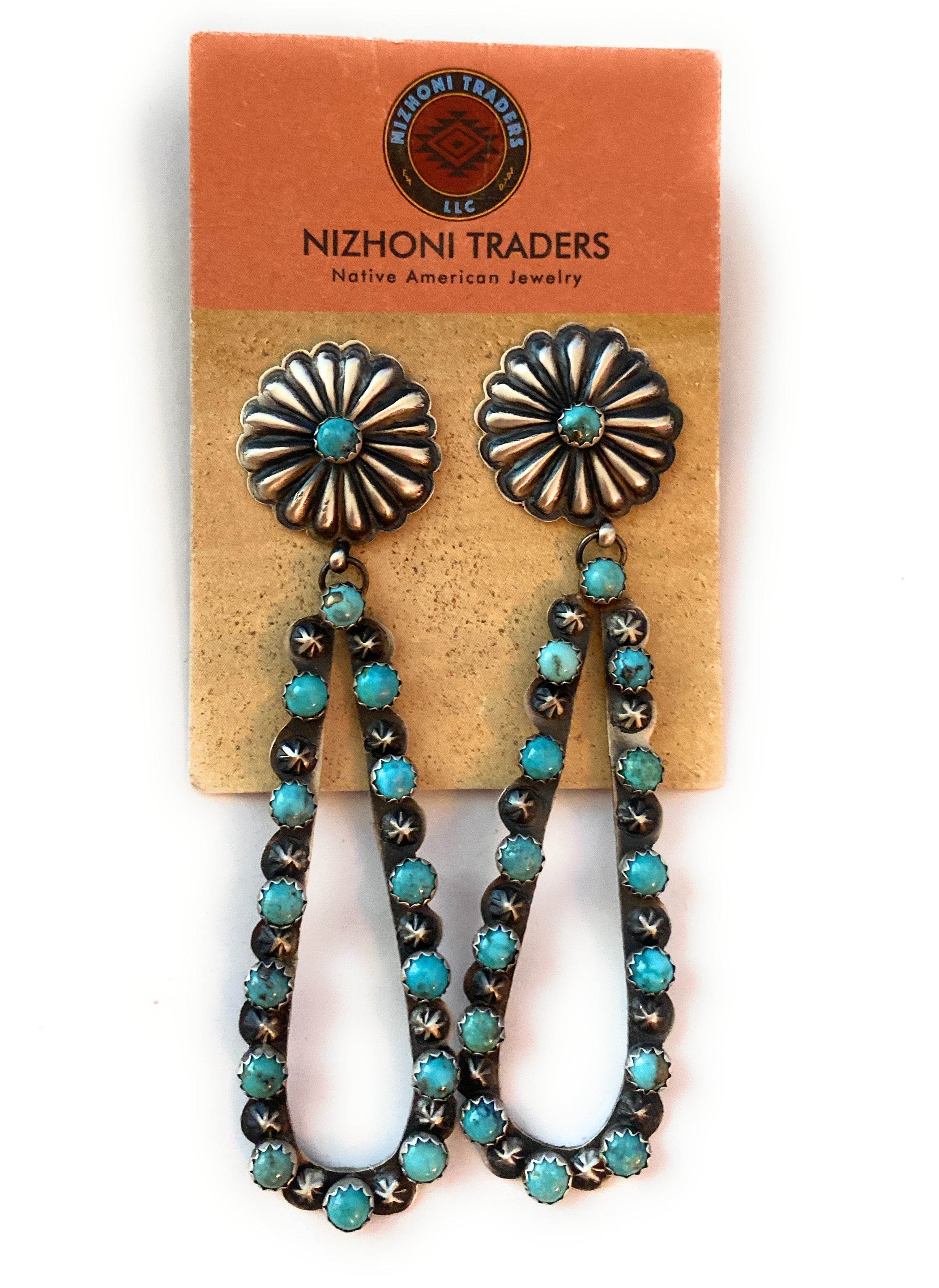 Navajo Sterling Silver & Turquoise Concho Dangle Earrings By Eugene Charley