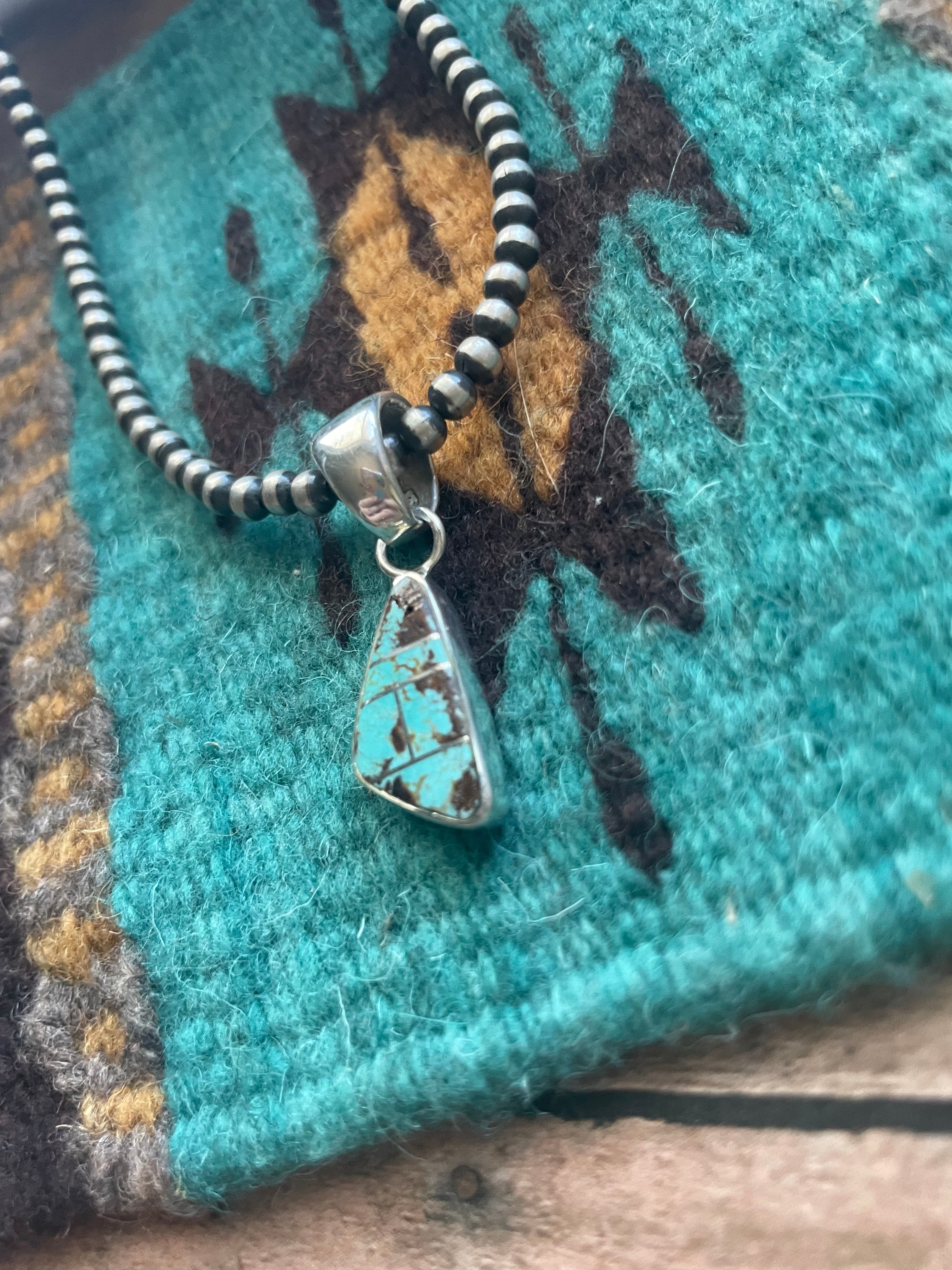 Navajo Number 8 Turquoise Inlay & Sterling Silver Pendant Signed