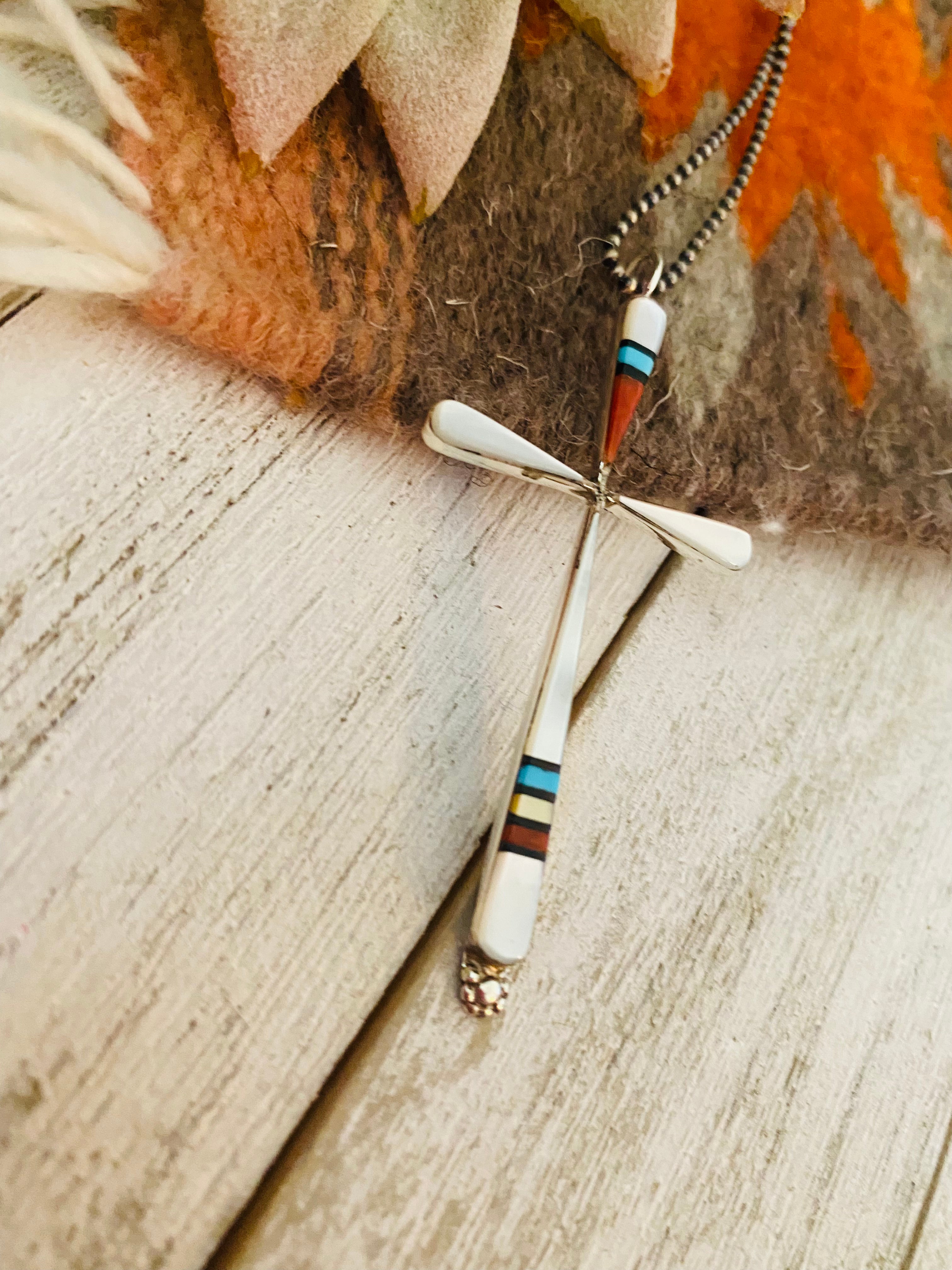 Zuni Multi Stone & Sterling Silver Inlay Cross Pendant