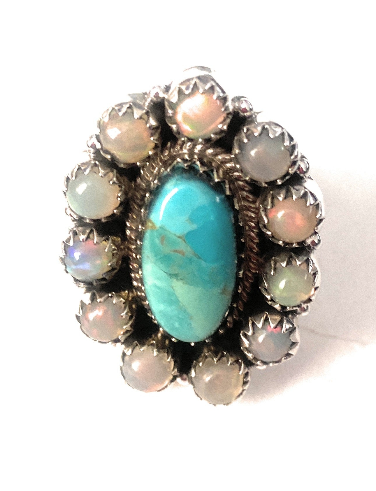 Handmade Sterling Silver, Turquoise & Opal Cluster Adjustable Ring