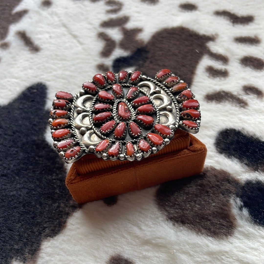 Navajo  Coral & Sterling Silver Ring Size 8 Signed