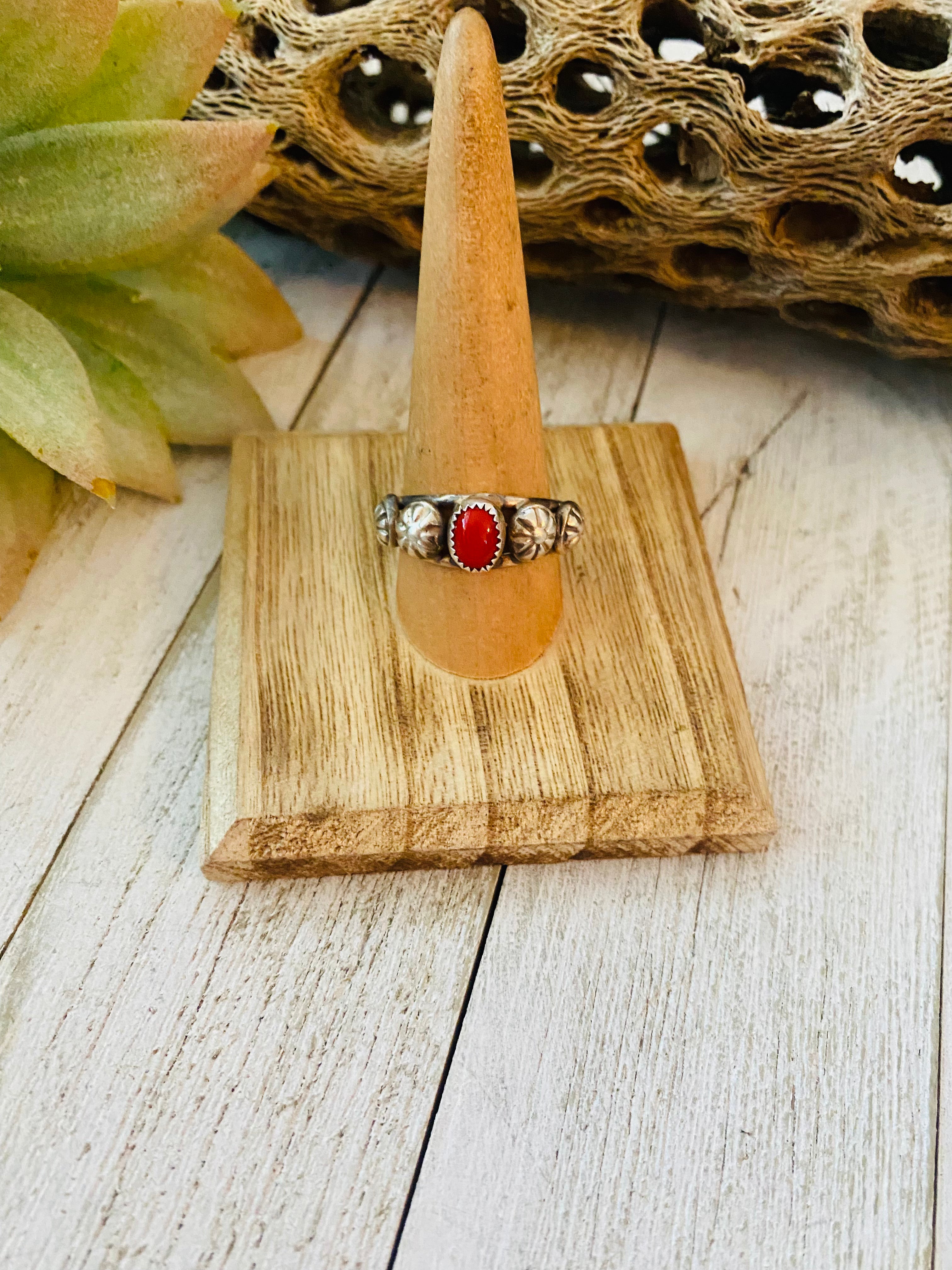 Navajo Coral and Sterling Silver Concho Band Ring