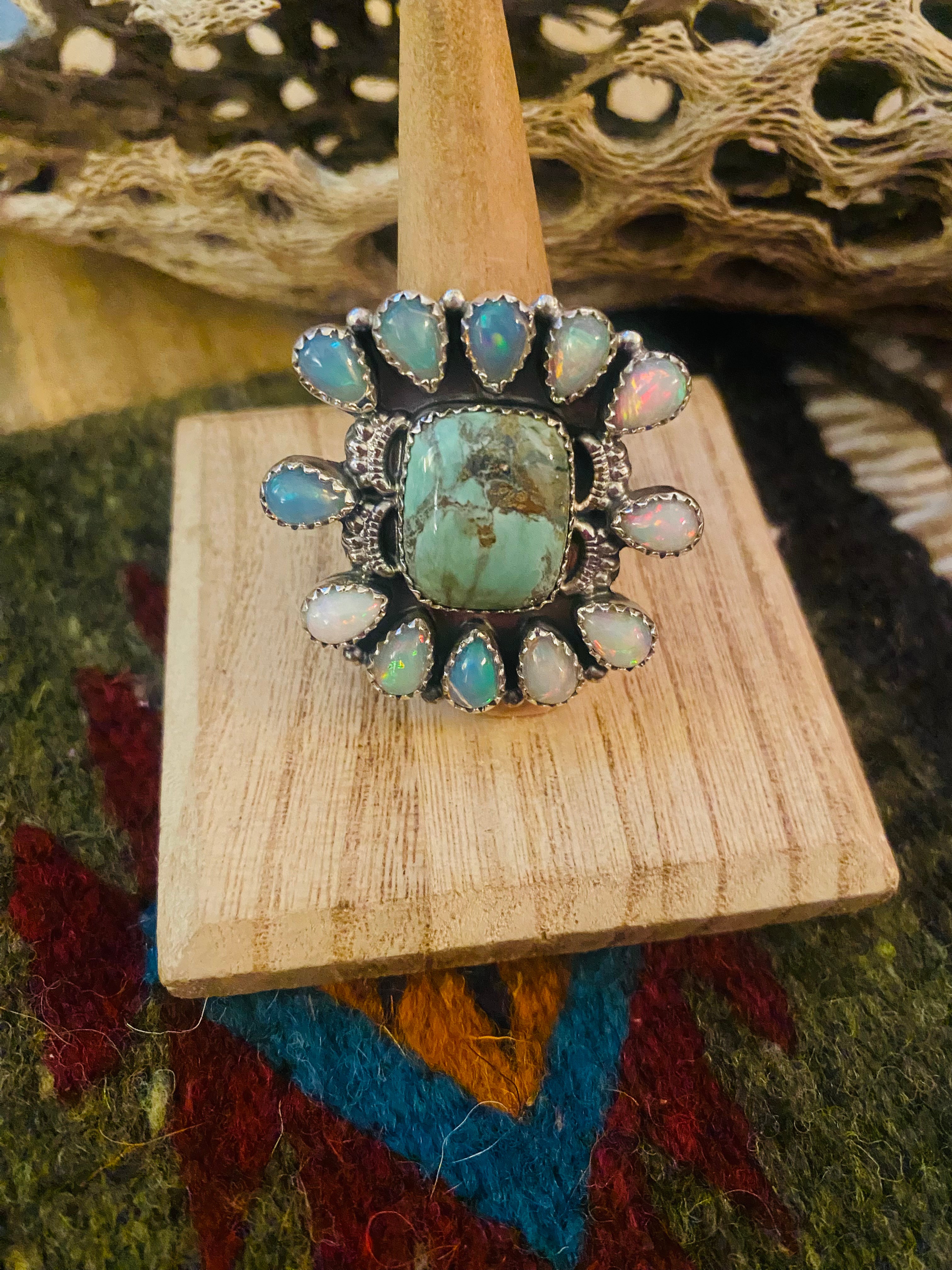 Handmade Sterling Silver, Variscite & Opal Cluster Adjustable Ring