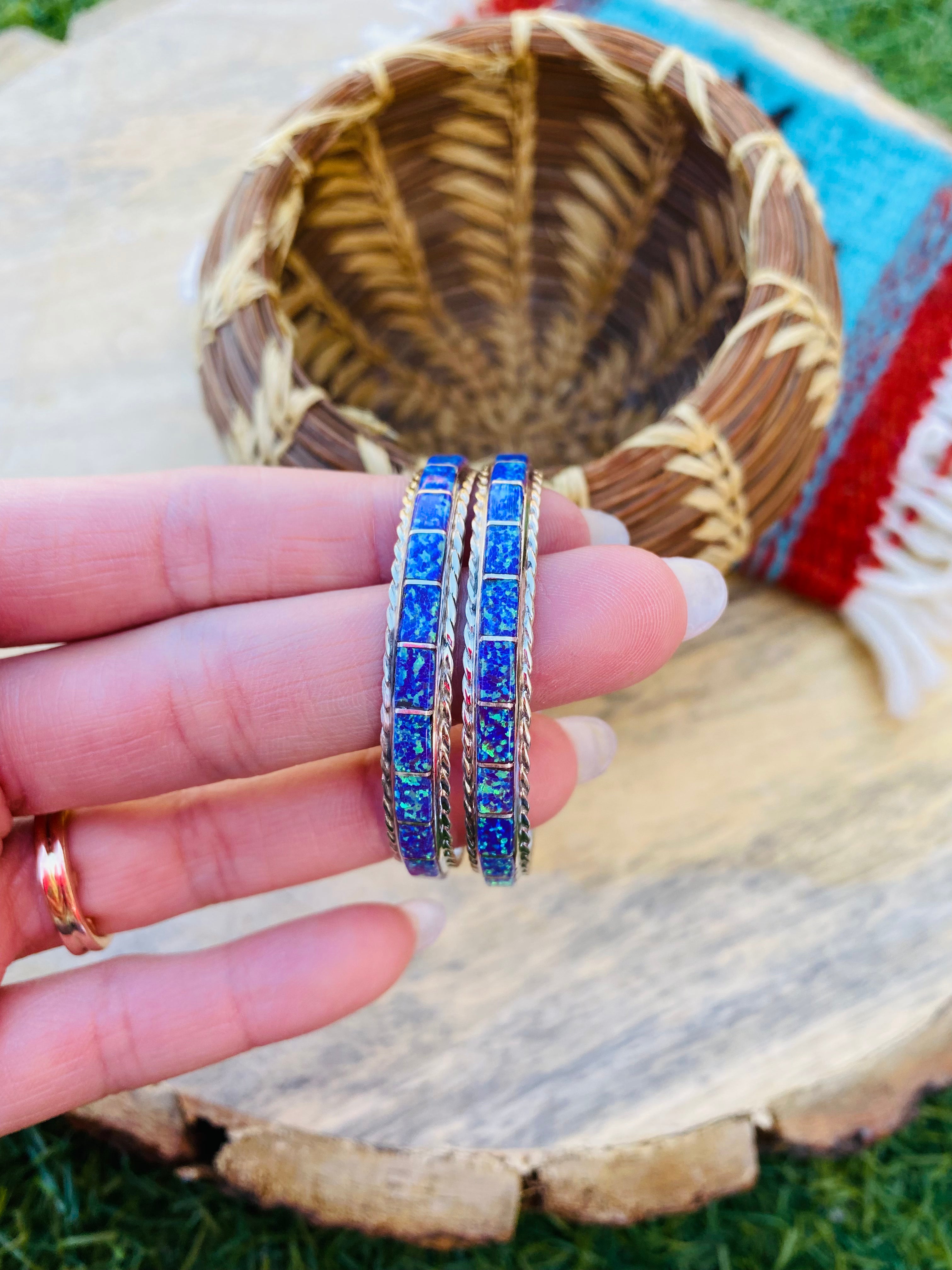 Navajo Sterling Silver & Purple Opal Inlay Hoop Earrings Signed