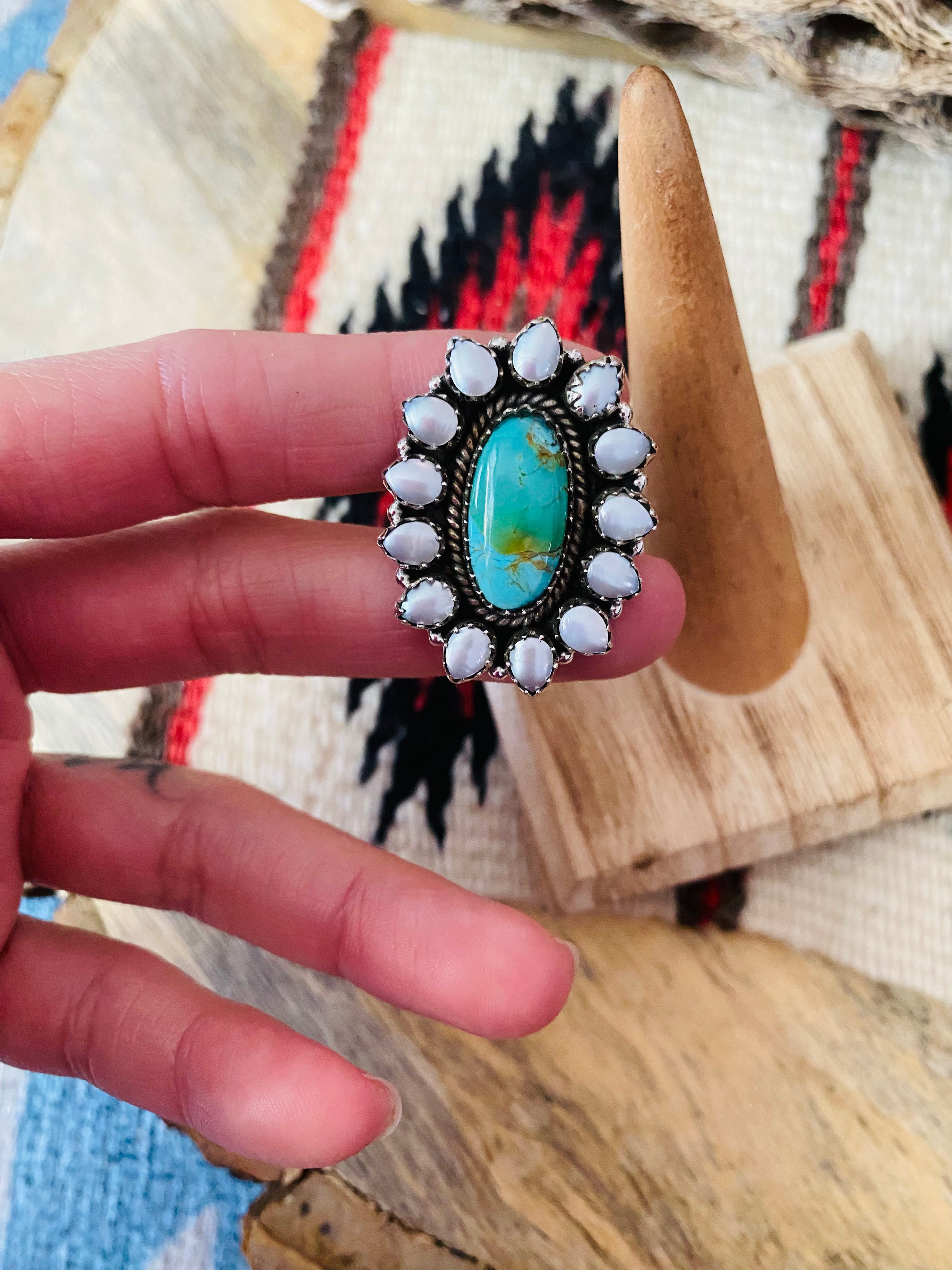 Handmade Sterling Silver, Turquoise & Pearl Cluster Adjustable Ring