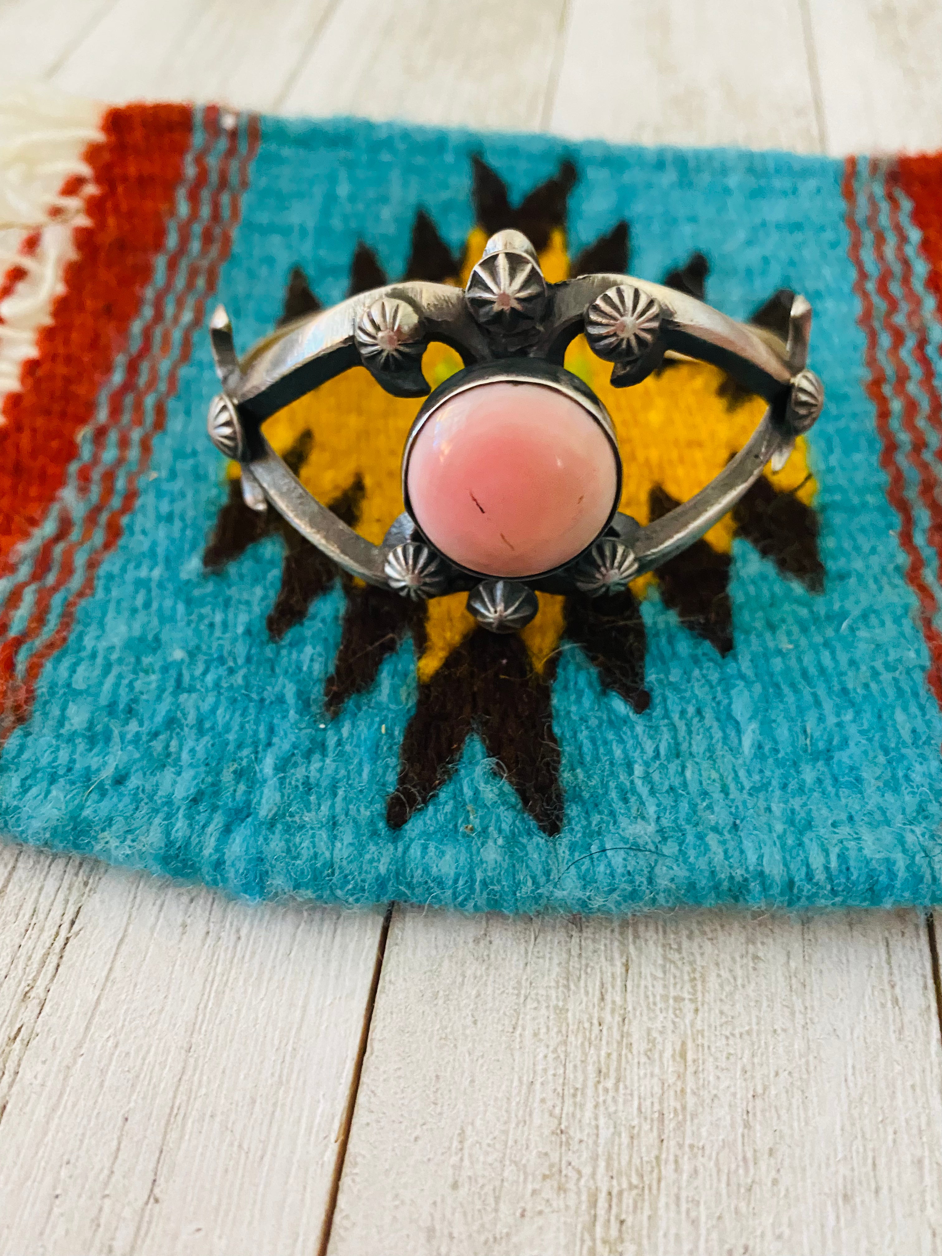 Navajo Queen Pink Conch Shell & Sterling Silver Cuff Bracelet By Chimney Butte