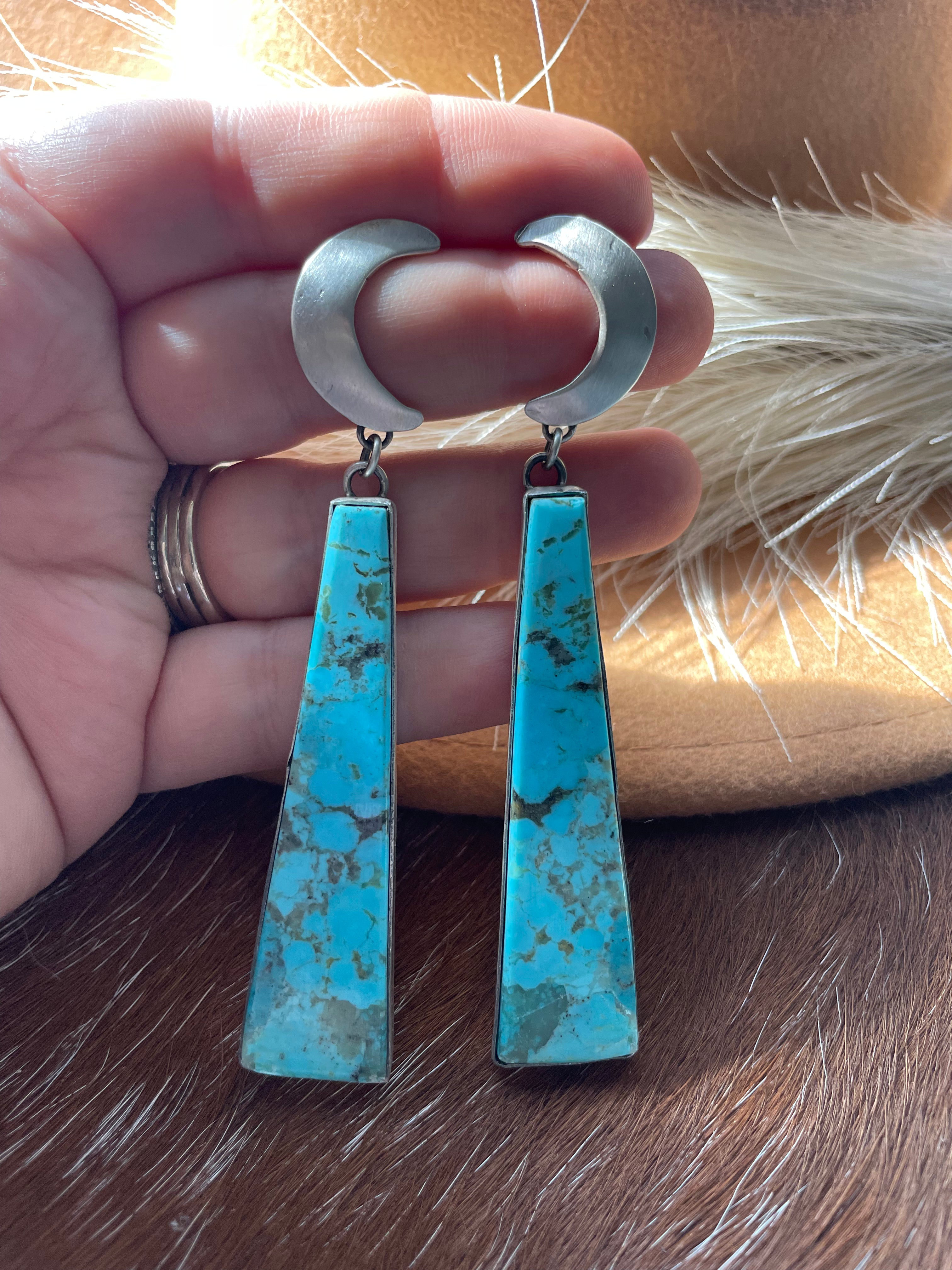 Navajo Turquoise & Sterling Silver Moon Slab Dangles Signed P Yazzie