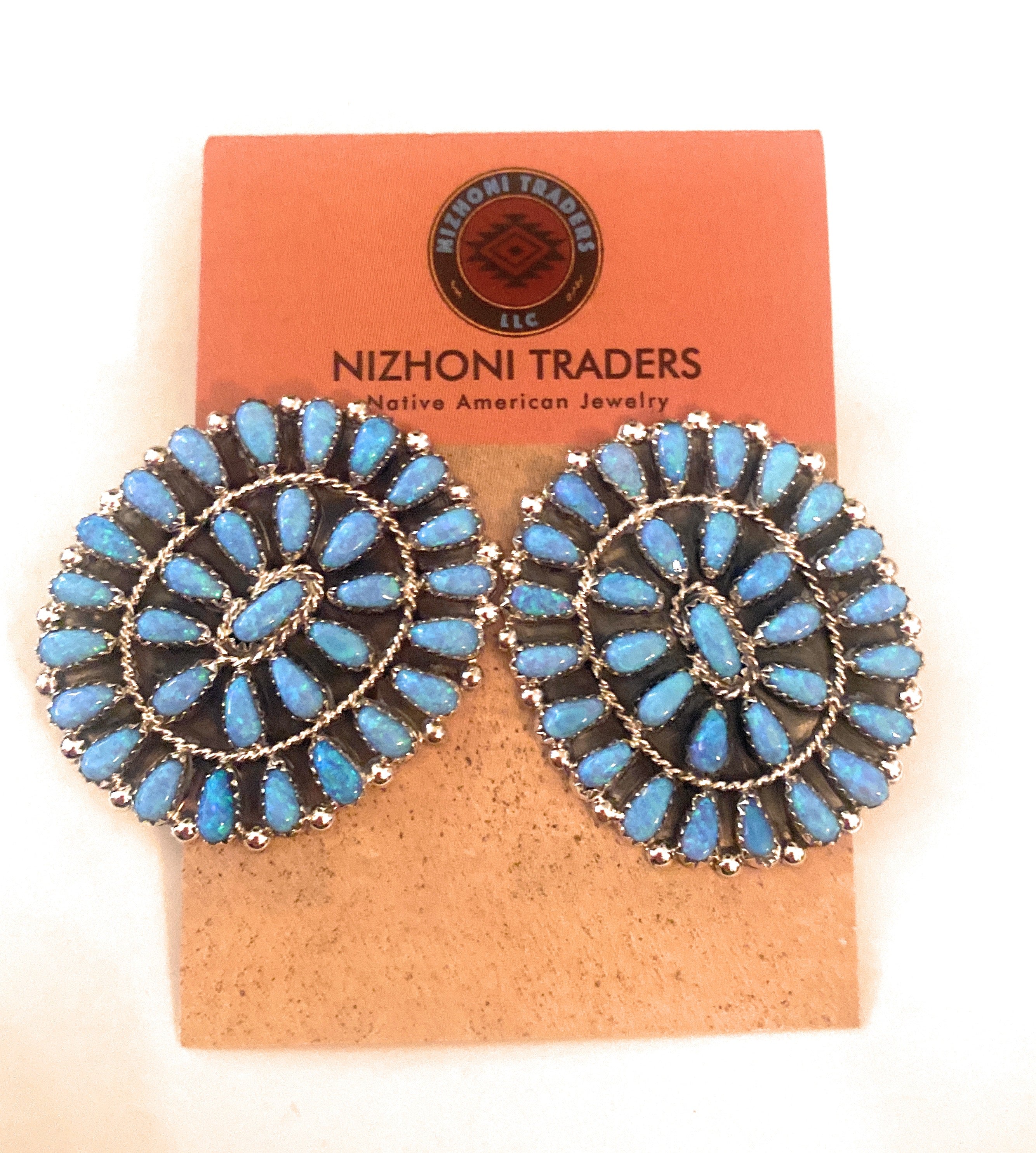 Navajo Sterling Silver & Blue Opal Cluster Post Earrings Signed