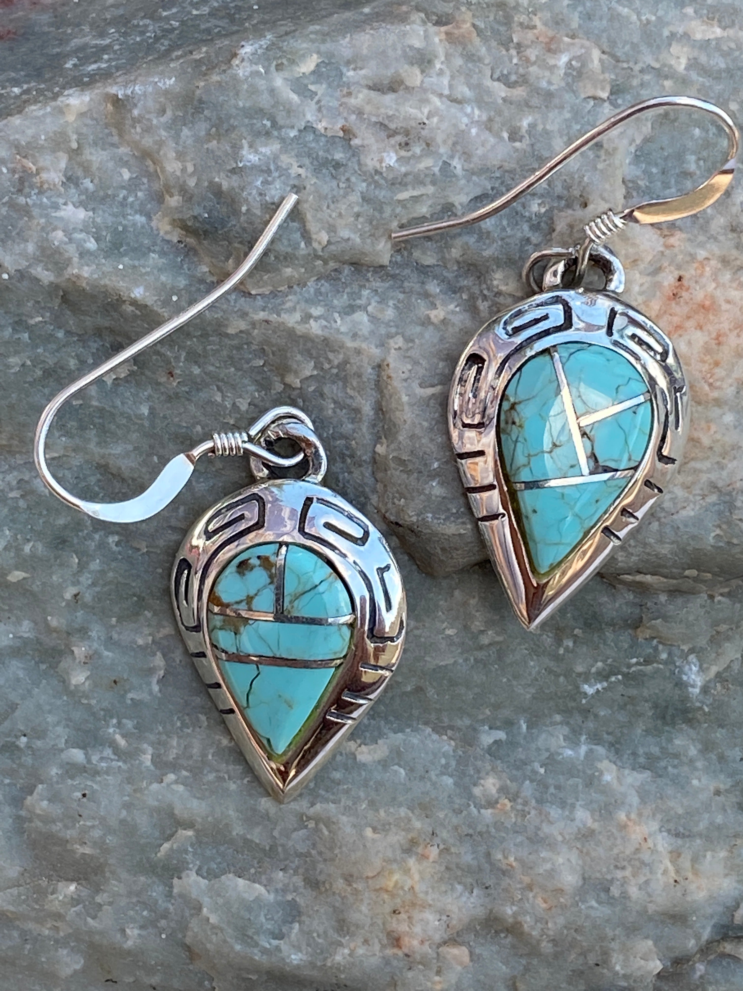 Navajo Turquoise 8 & Sterling Silver Drop Dangle Earringsq