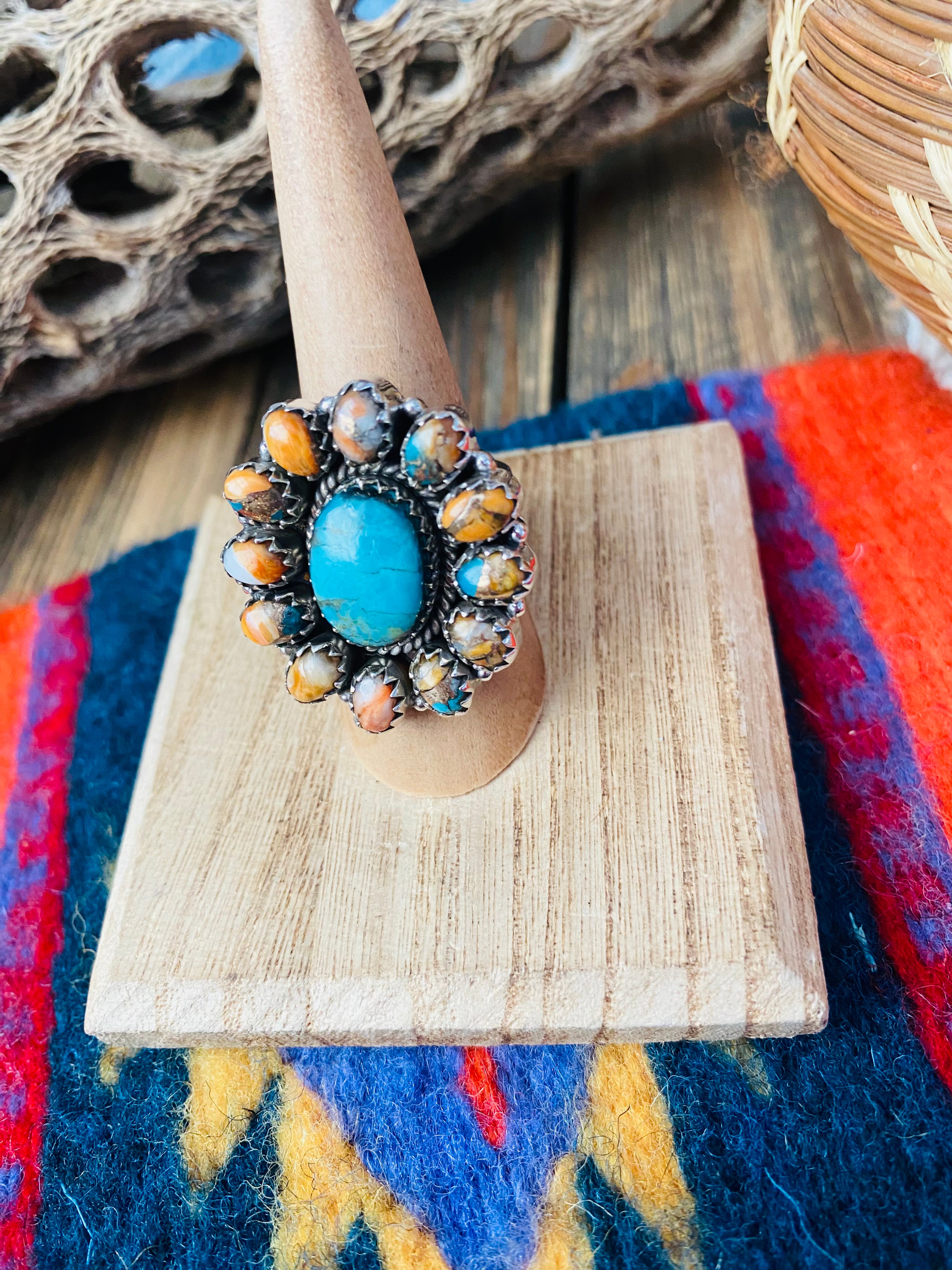 Handmade Sterling Silver, Spice & Turquoise Cluster Adjustable Ring