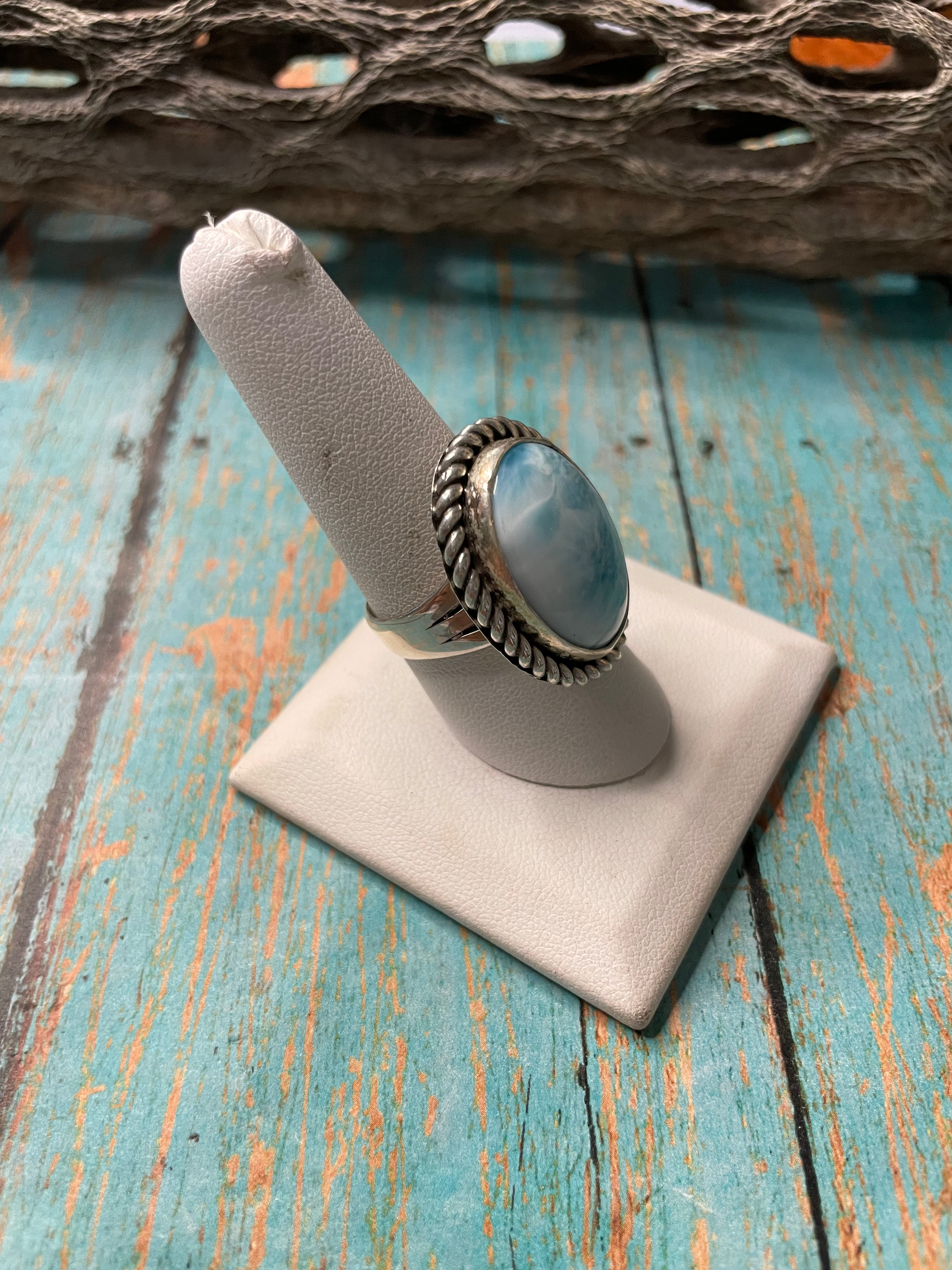 Old Pawn Navajo Sterling Silver & Light Blue Larimer Ring Size 8.5