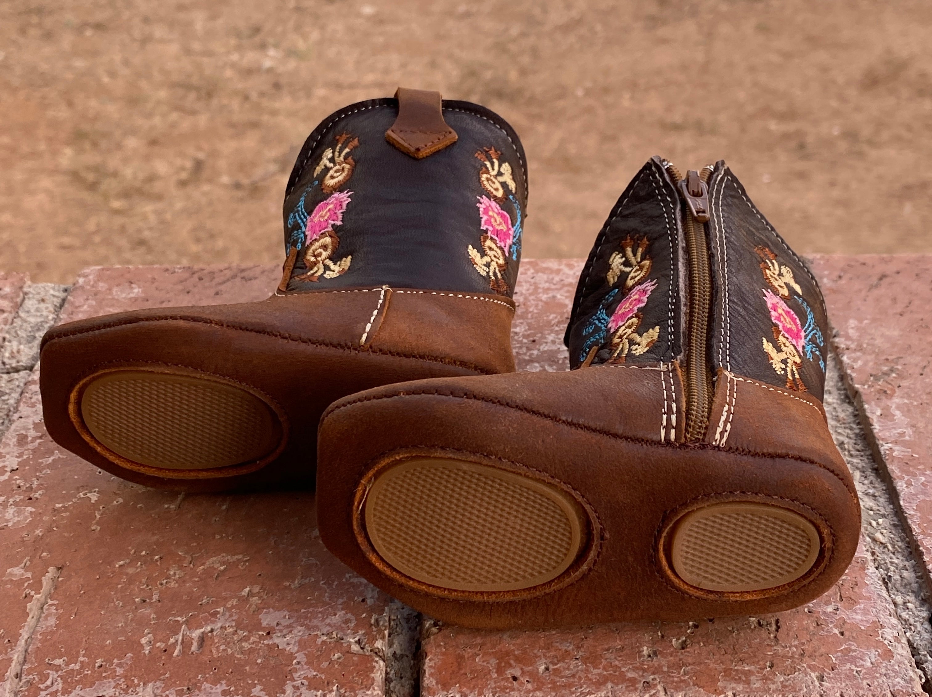 Western Leather infant Baby Boots Dark Brown & Flowered