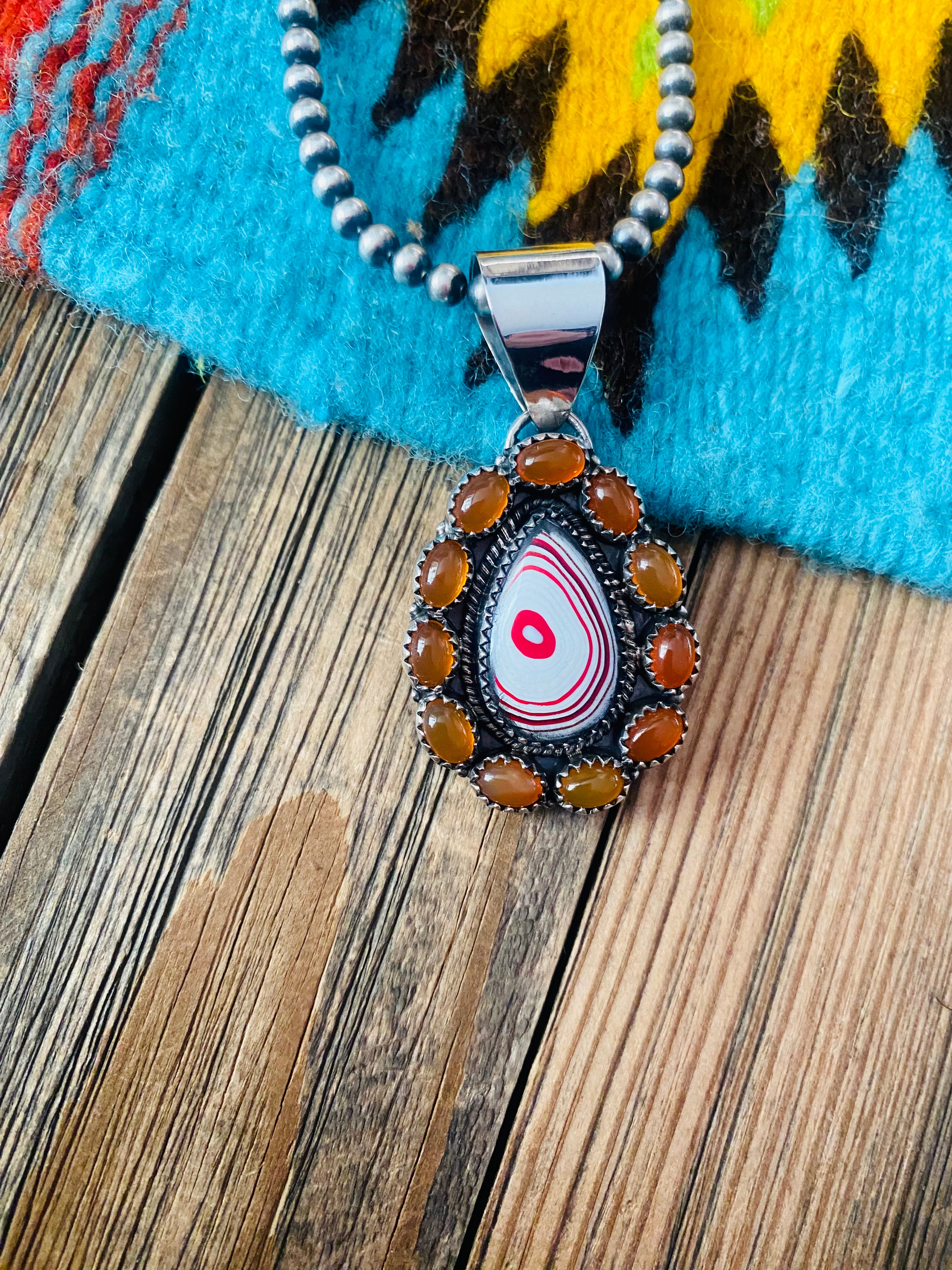 Handmade Sterling Silver, Fordite & Garnet Cluster Pendant