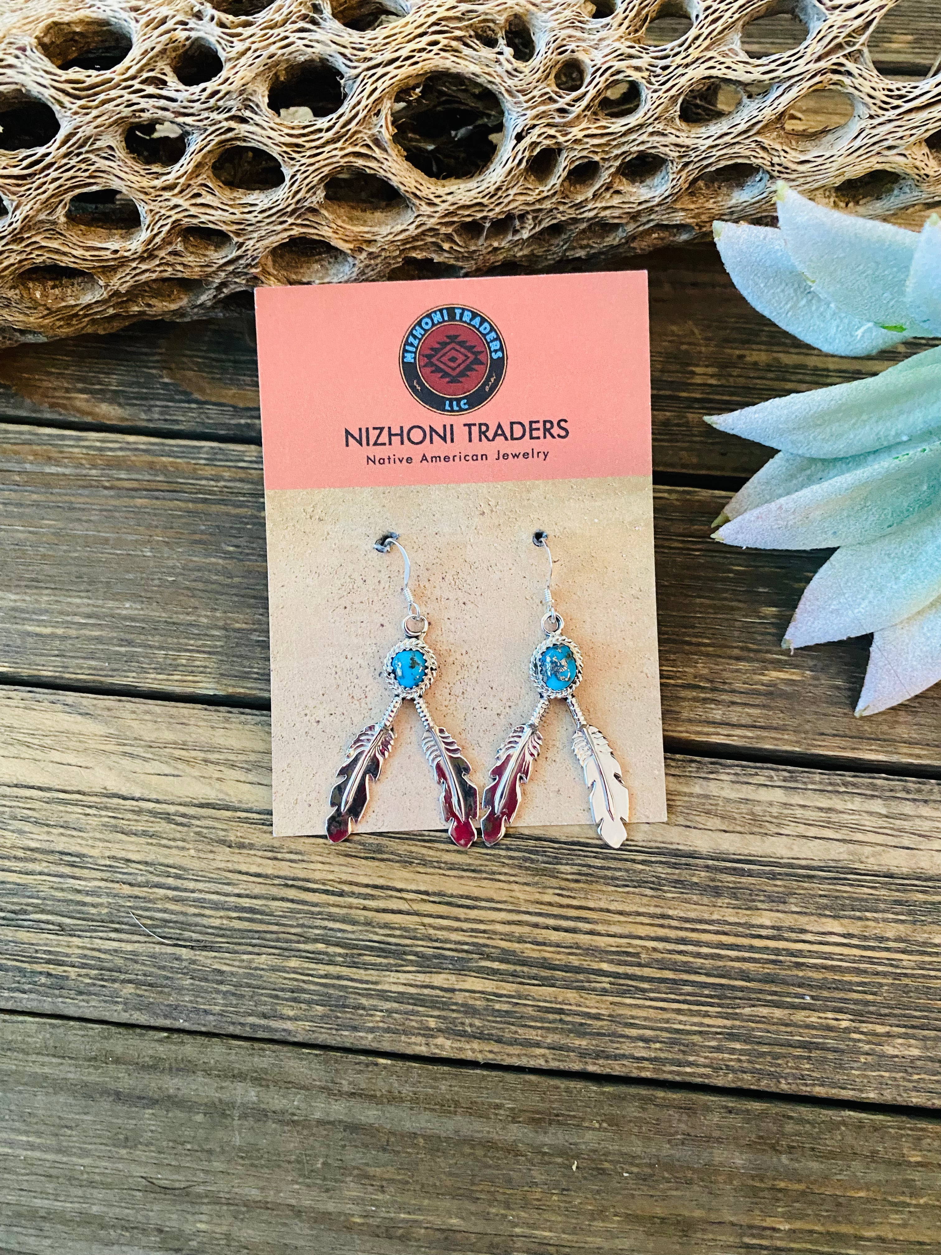 Navajo Sterling Silver & Turquoise Feather Dangle Earrings