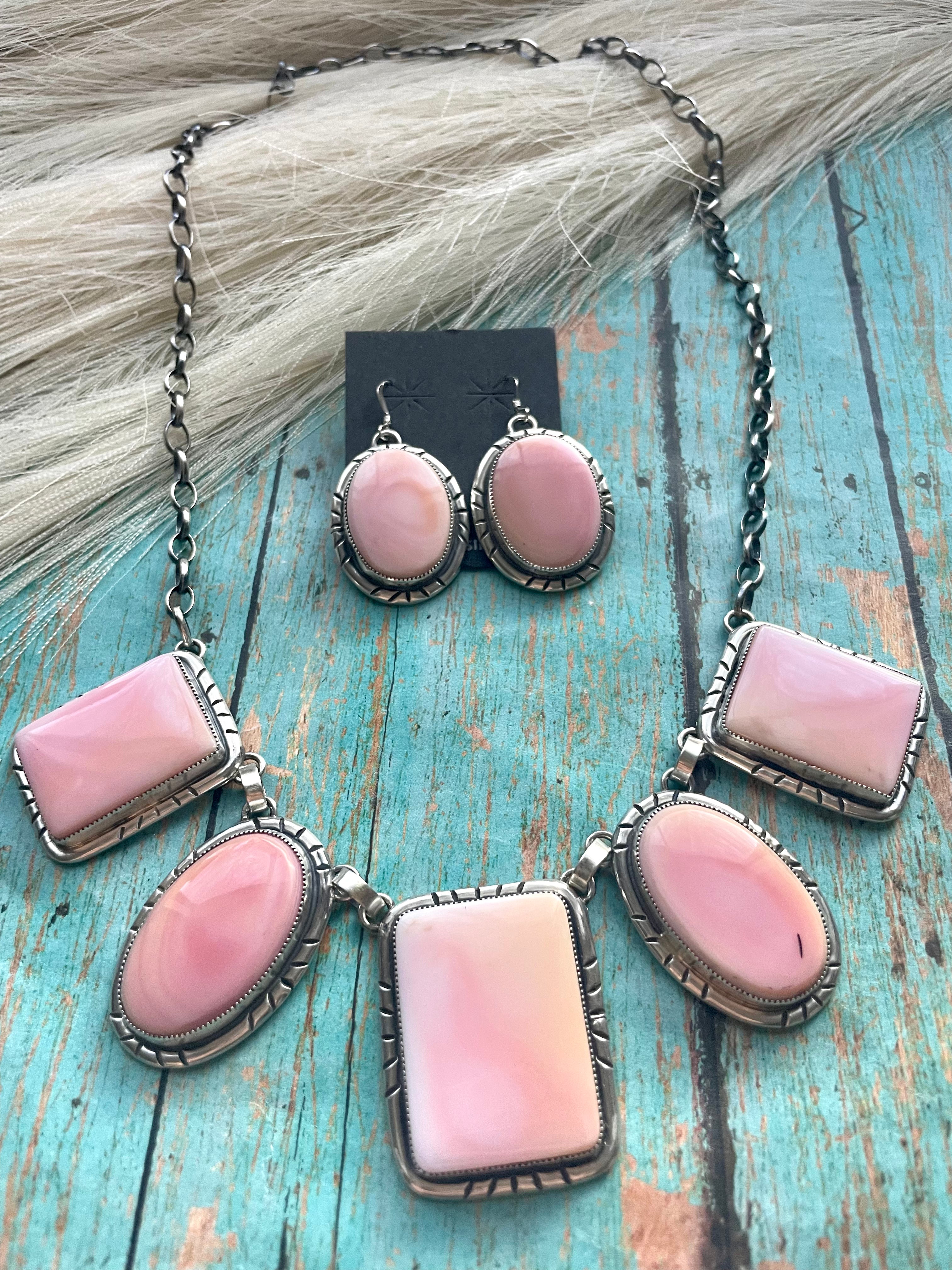 Navajo Queen Pink Conch Shell And Sterling Silver Necklace Earrings Set Signed