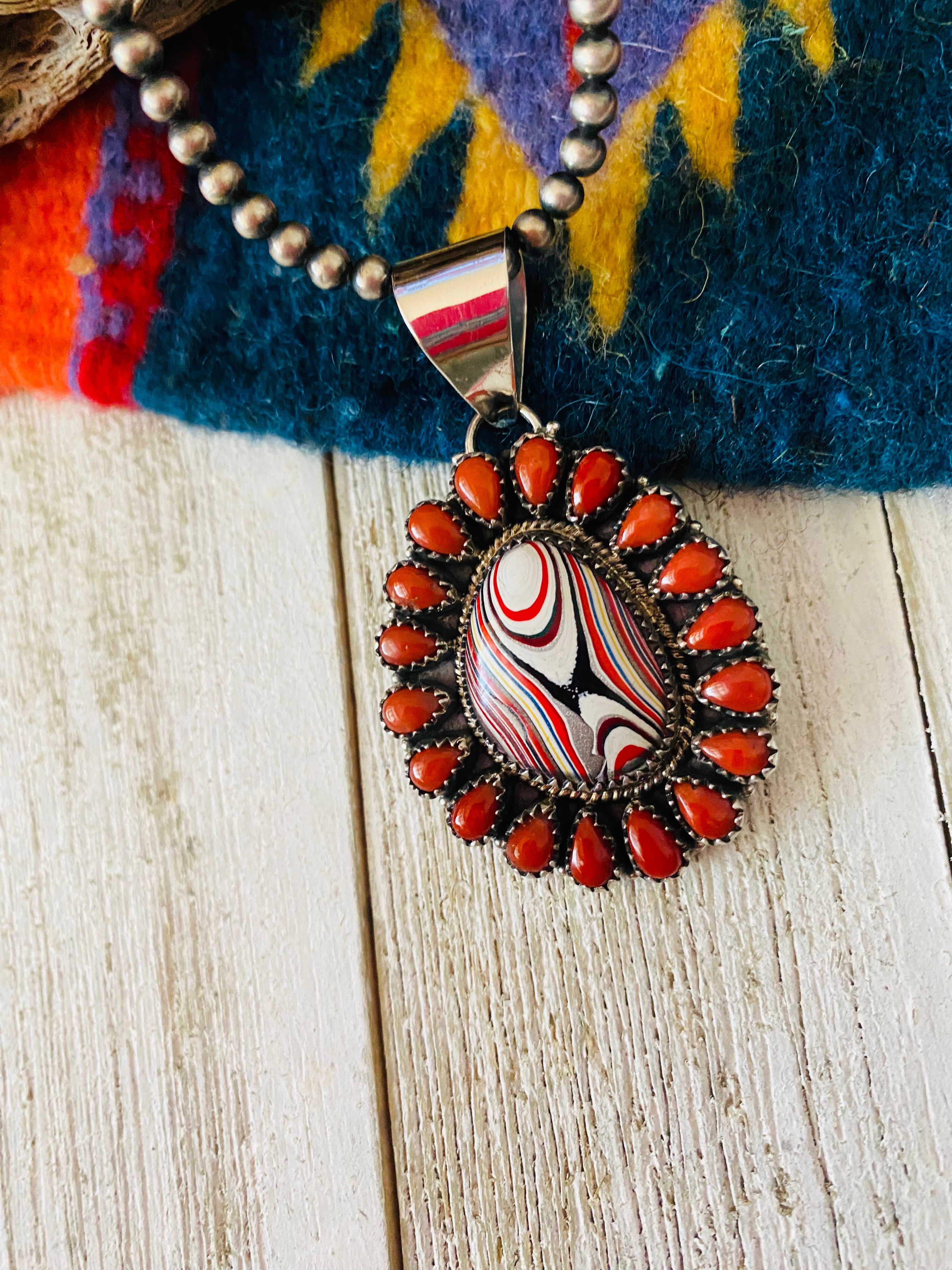 Handmade Sterling Silver, Fordite & Coral Cluster Pendant